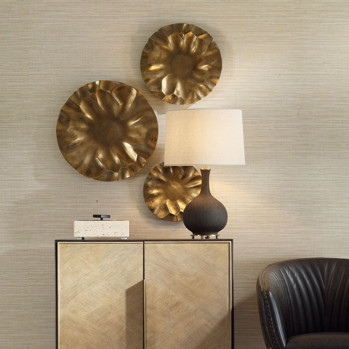 Peonia Outdoor Gold Wall Art Set of 3 by Uttermost