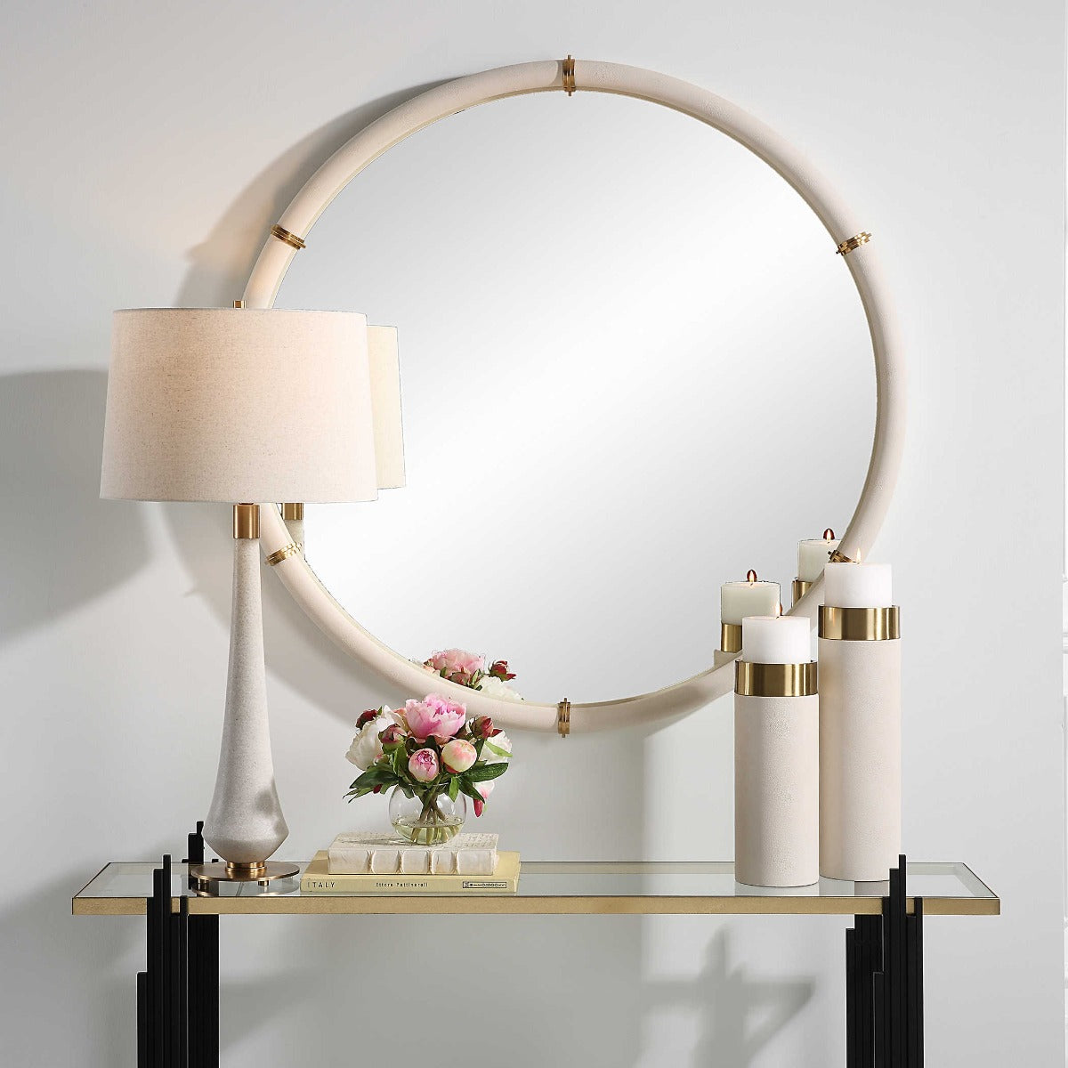 Cyprus Round Mirror in White Faux Shagreen by Uttermost
