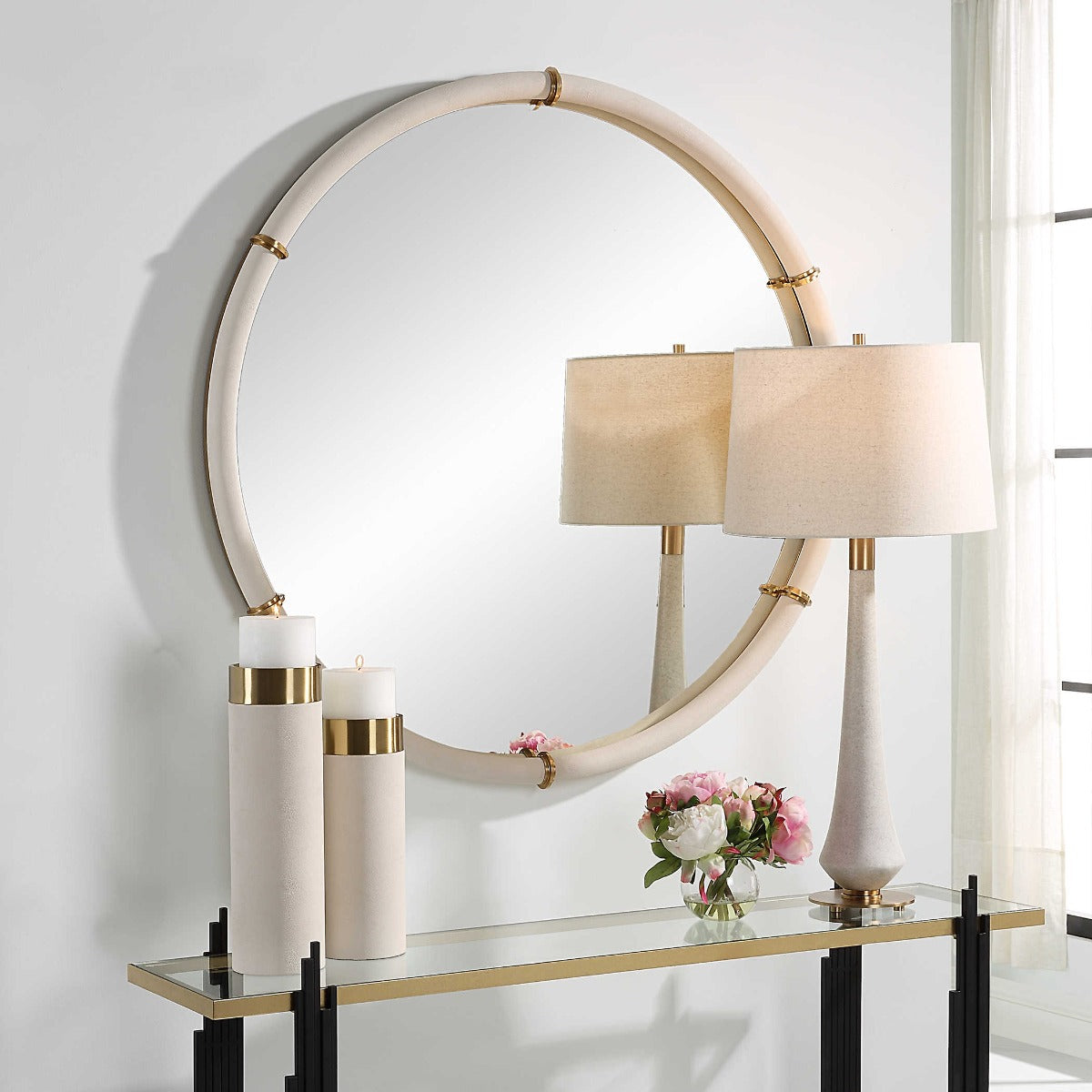 Cyprus Round Mirror in White Faux Shagreen by Uttermost