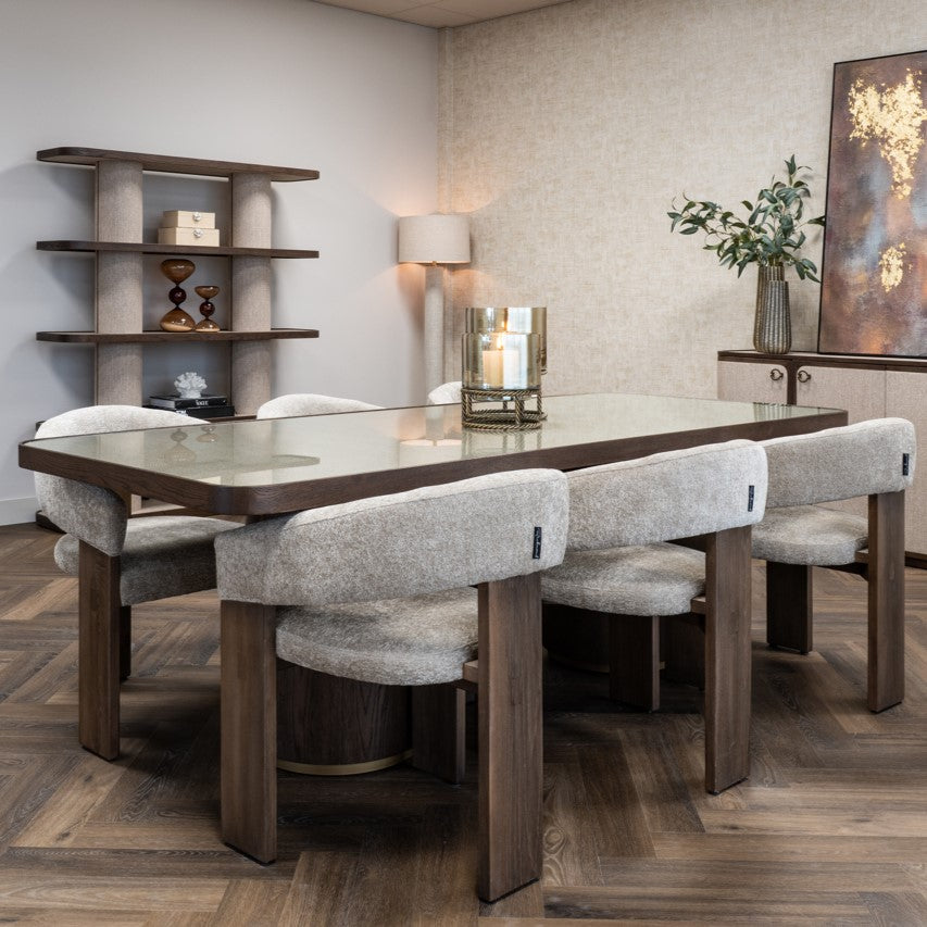 Willox Brown Oak & Beige Linen Glass Top Dining Table - 235cm by Richmond Interiors