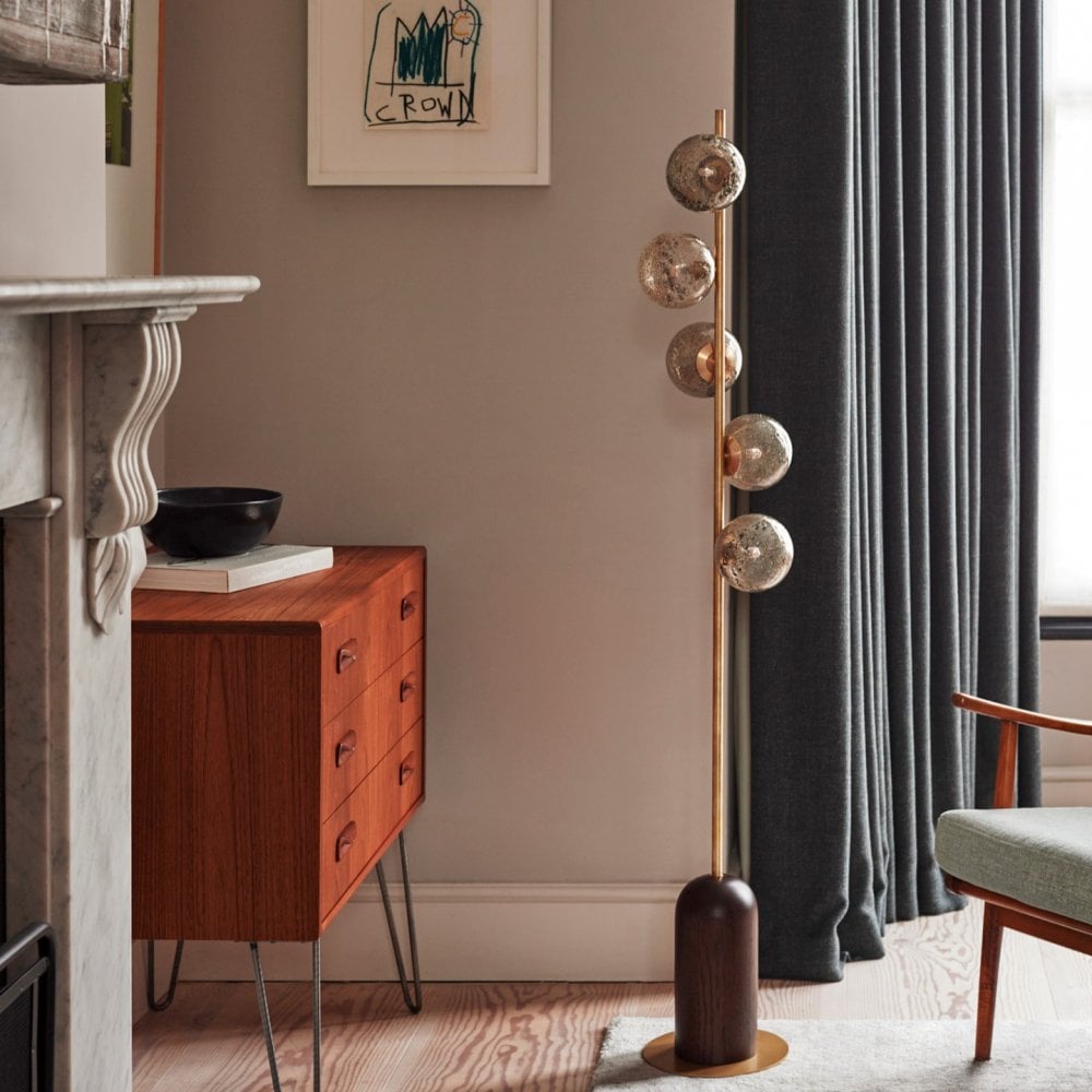 Carter Satin Brass & Wood Glass Floor Lamp by Heathfield & Co