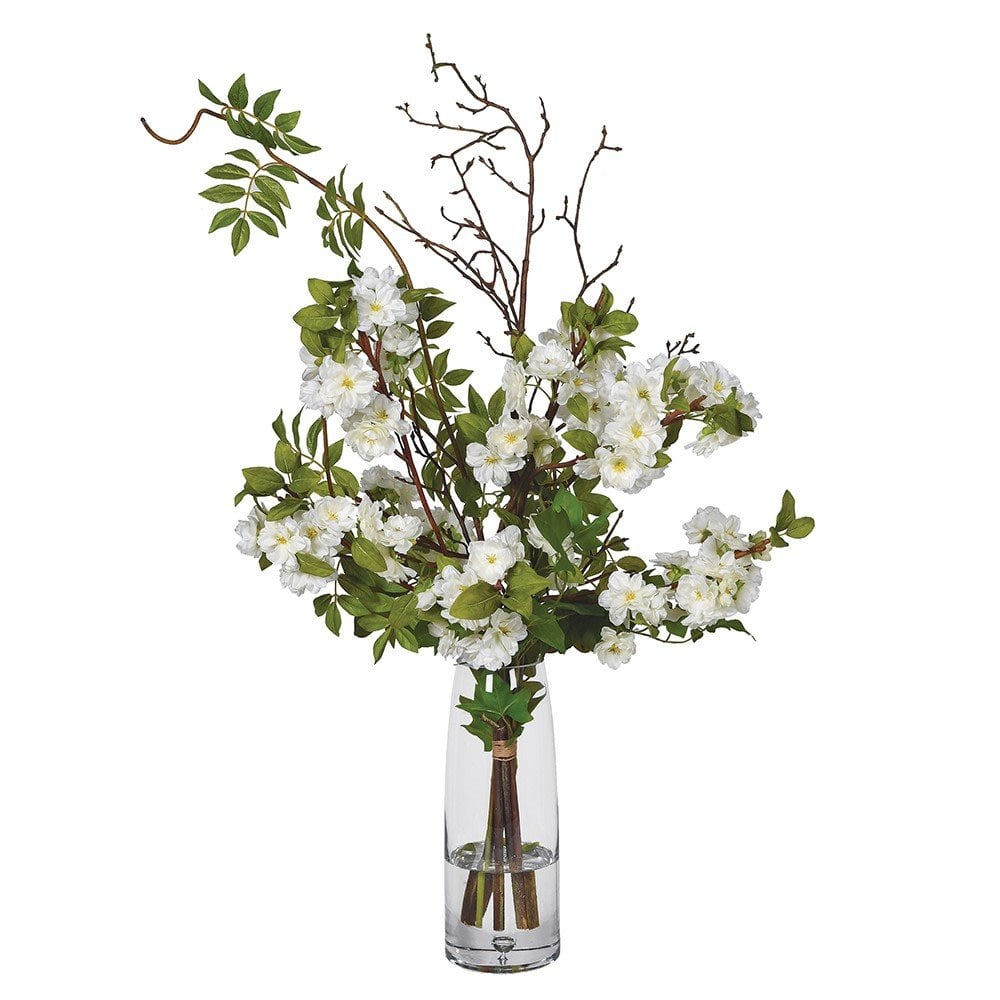 Billowing White Blossom Arrangement in Glass Vase by Kensington