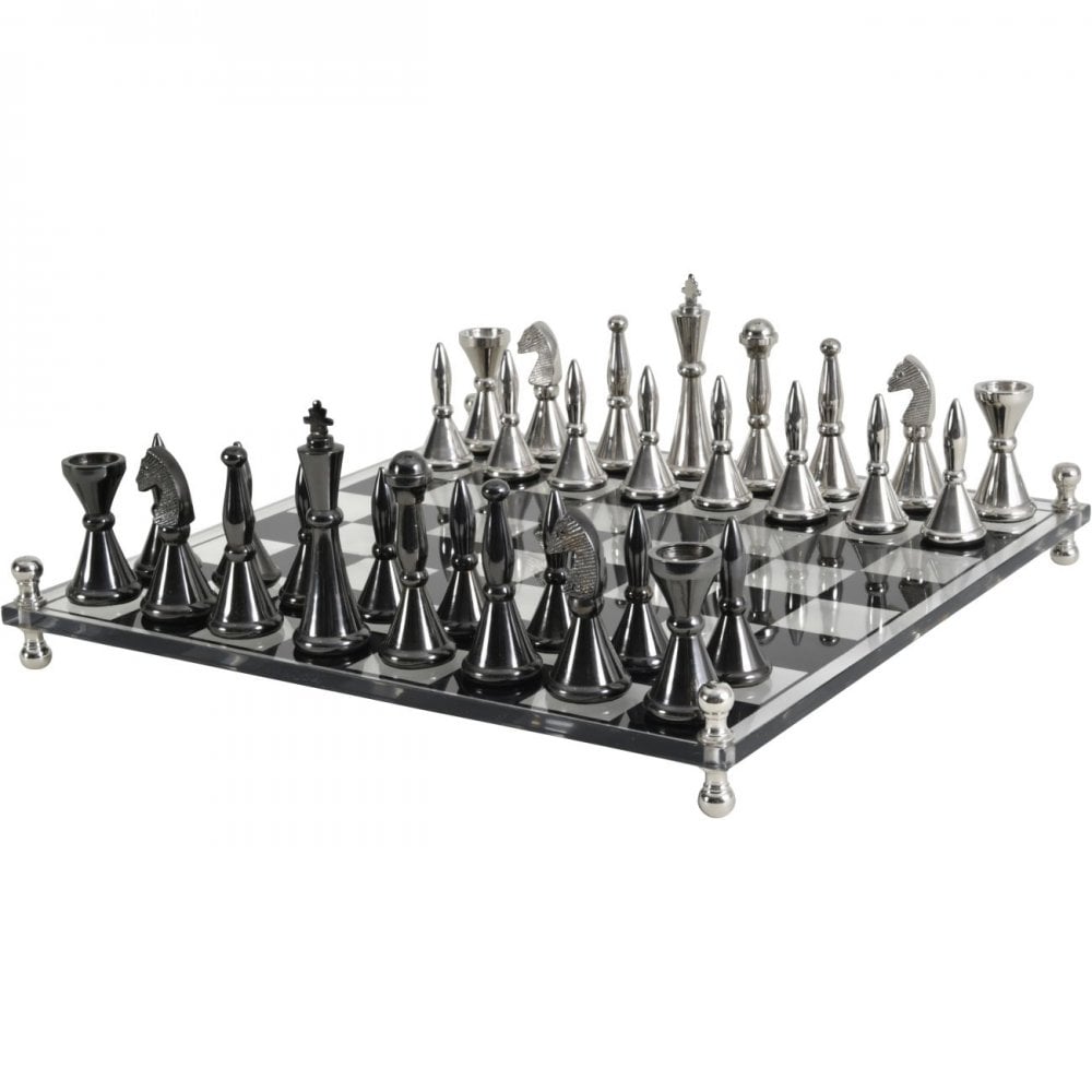 Yates Chess Set Featuring Acrylic Base and 32 Aluminium Pieces by Libra Interiors