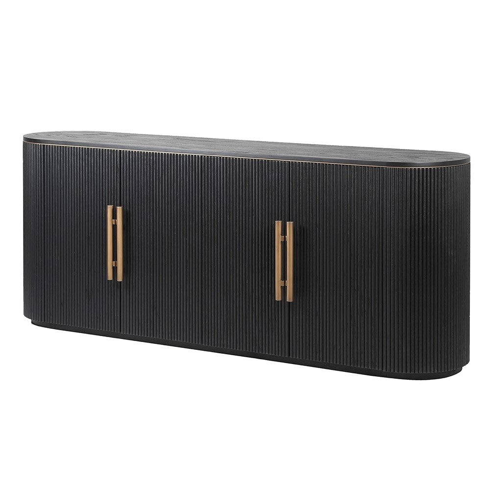 Sideboard Black Fluted Oak Wood & Brass Handles 4 Door by Kensington