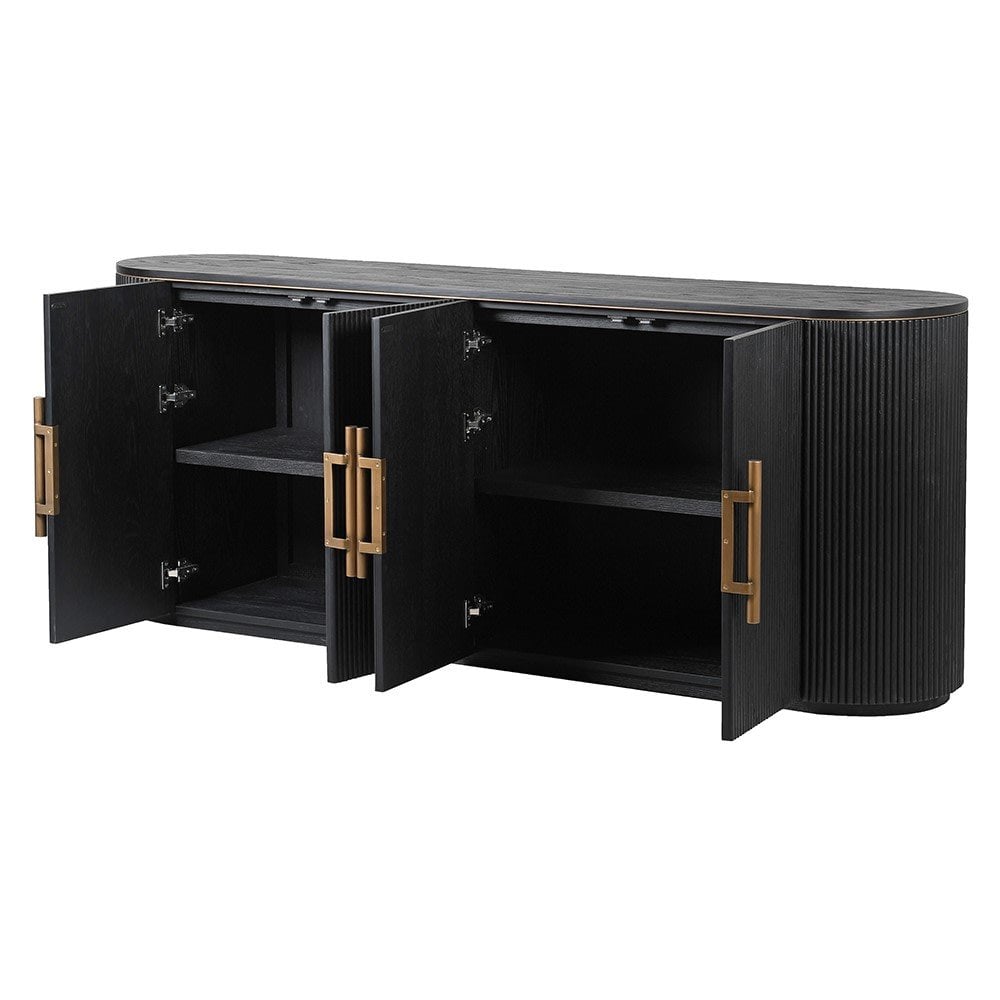 Sideboard Black Fluted Oak Wood & Brass Handles 4 Door by Kensington