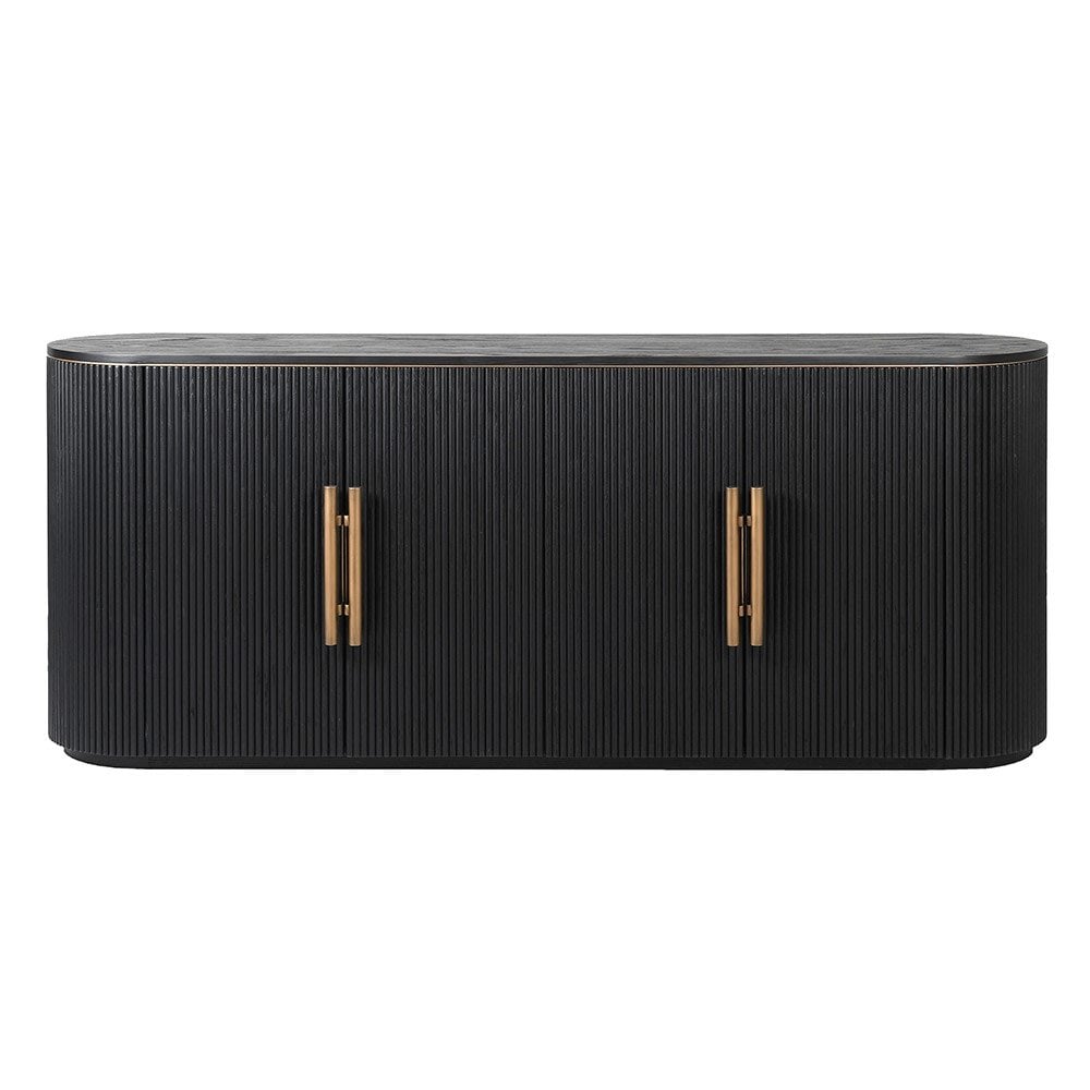 Sideboard Black Fluted Oak Wood & Brass Handles 4 Door by Kensington