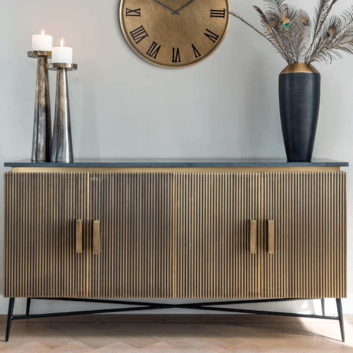 Ironville Sideboard Gold & Dark Wood with Marble Top 4 Doors by Richmond Interiors