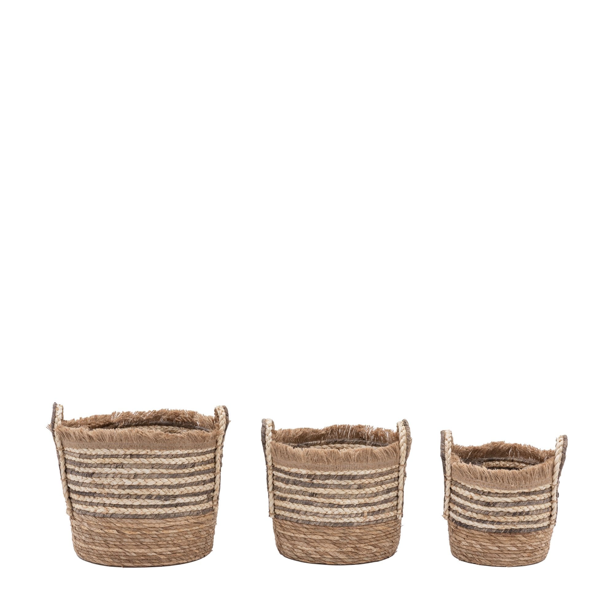Fringed Woven Basket Brown Stripe (Set of 3) by Abode