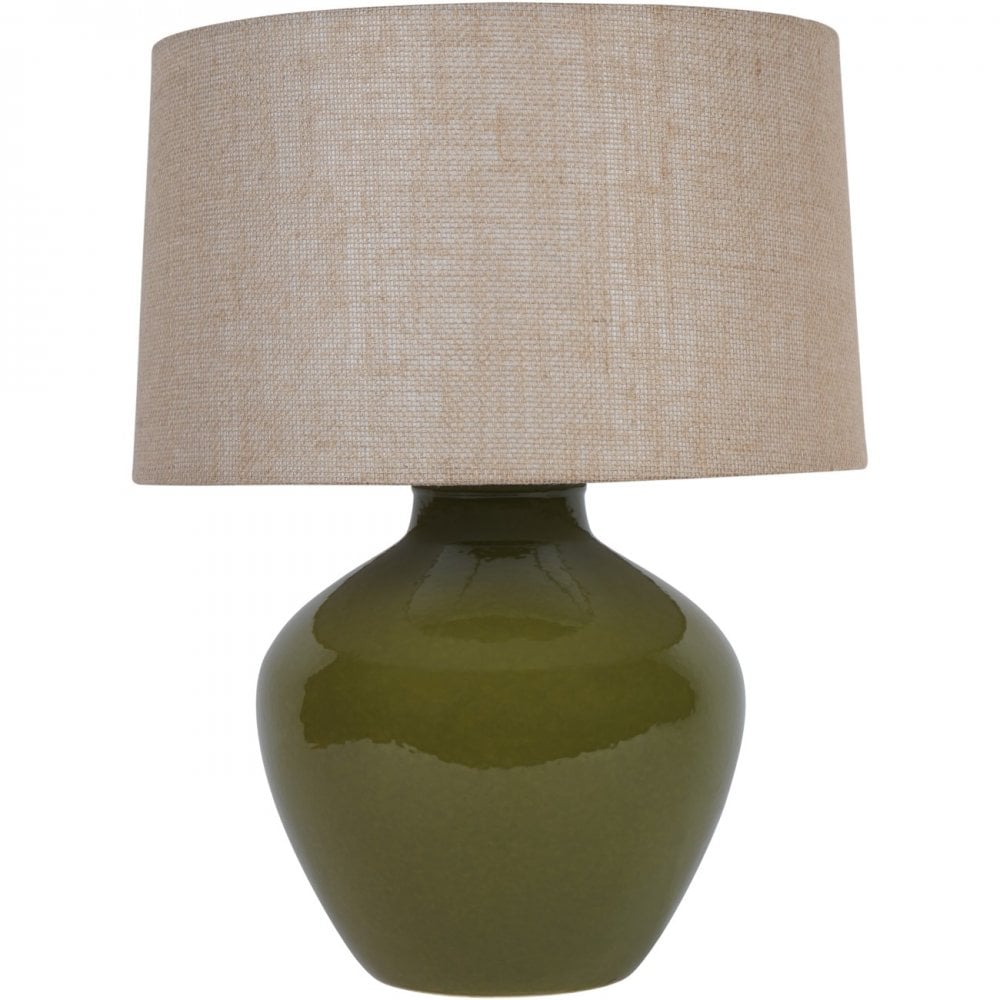 Aubrey Green Ceramic Lamp With Beige Hessian Light Shade by Libra Interiors