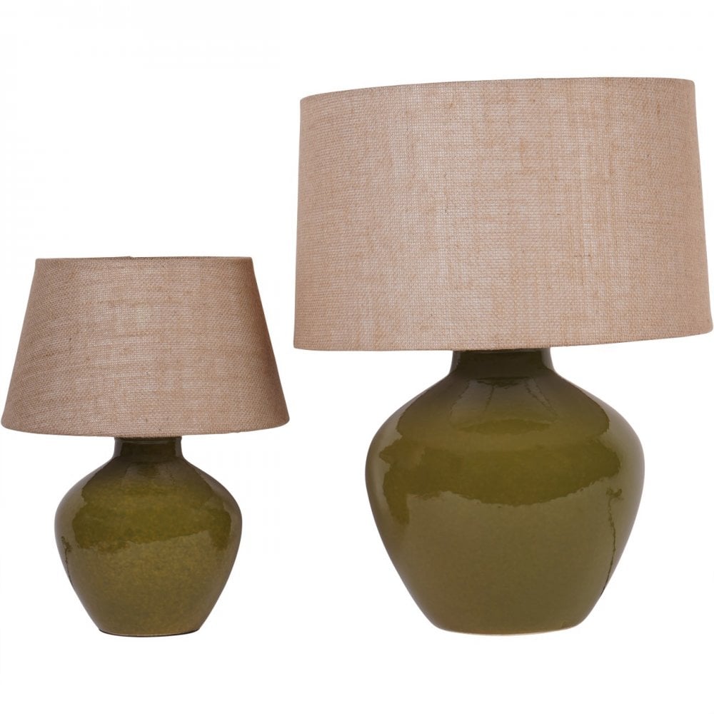 Aubrey Green Ceramic Lamp With Beige Hessian Light Shade by Libra Interiors
