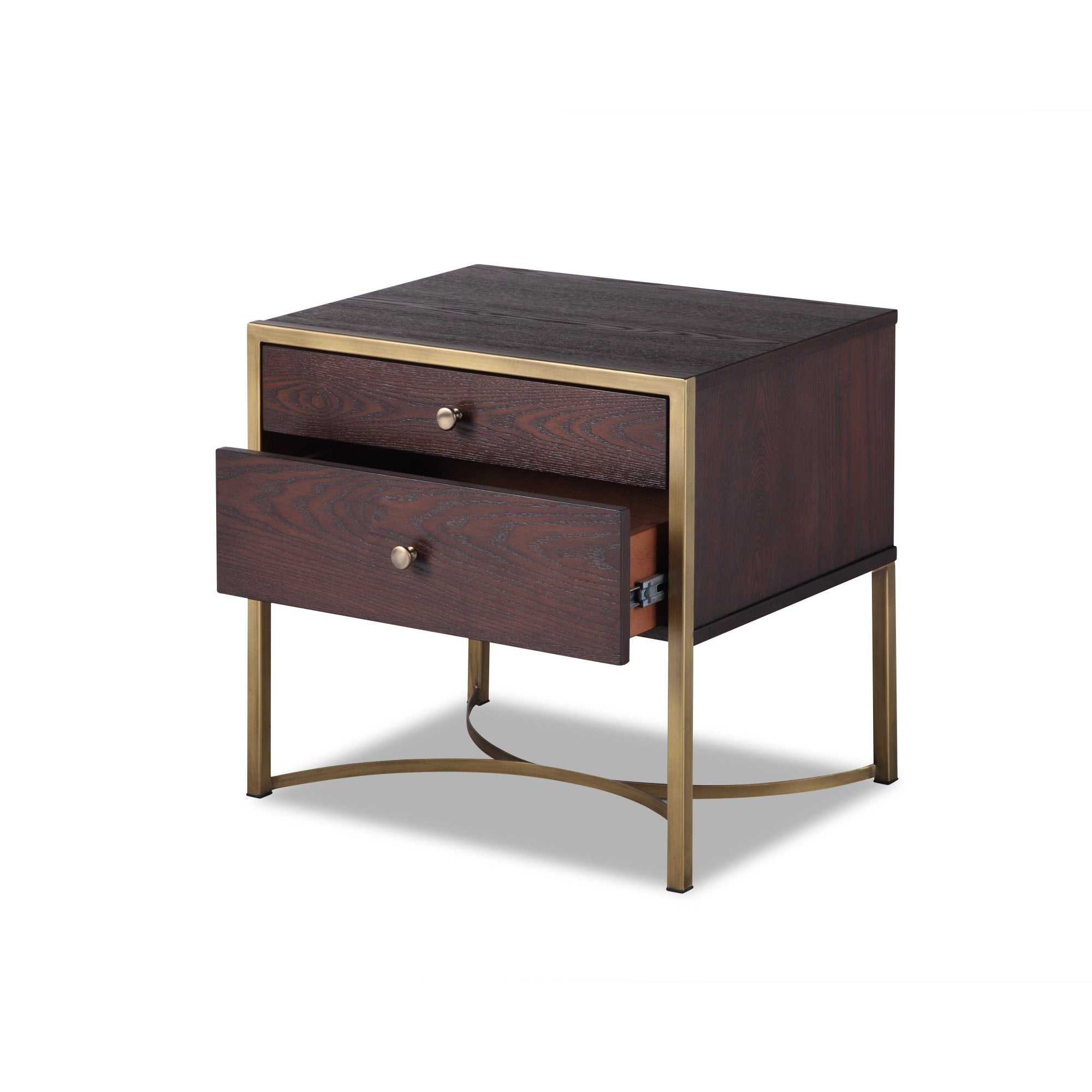 Rivoli Bedside Table Chocolate Ash Wood & Brass Frame Two Drawers by Liang & Eimil