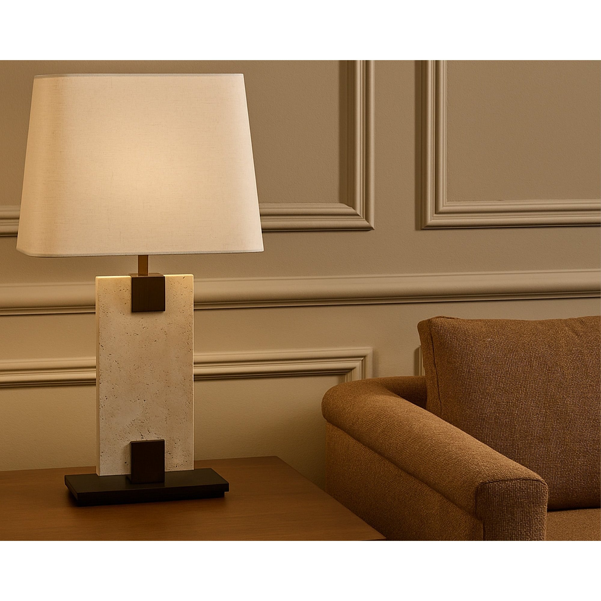 Madison Table Lamp Travertine & Antique Bronze Base & White Linen Shade by Liang & Eimil