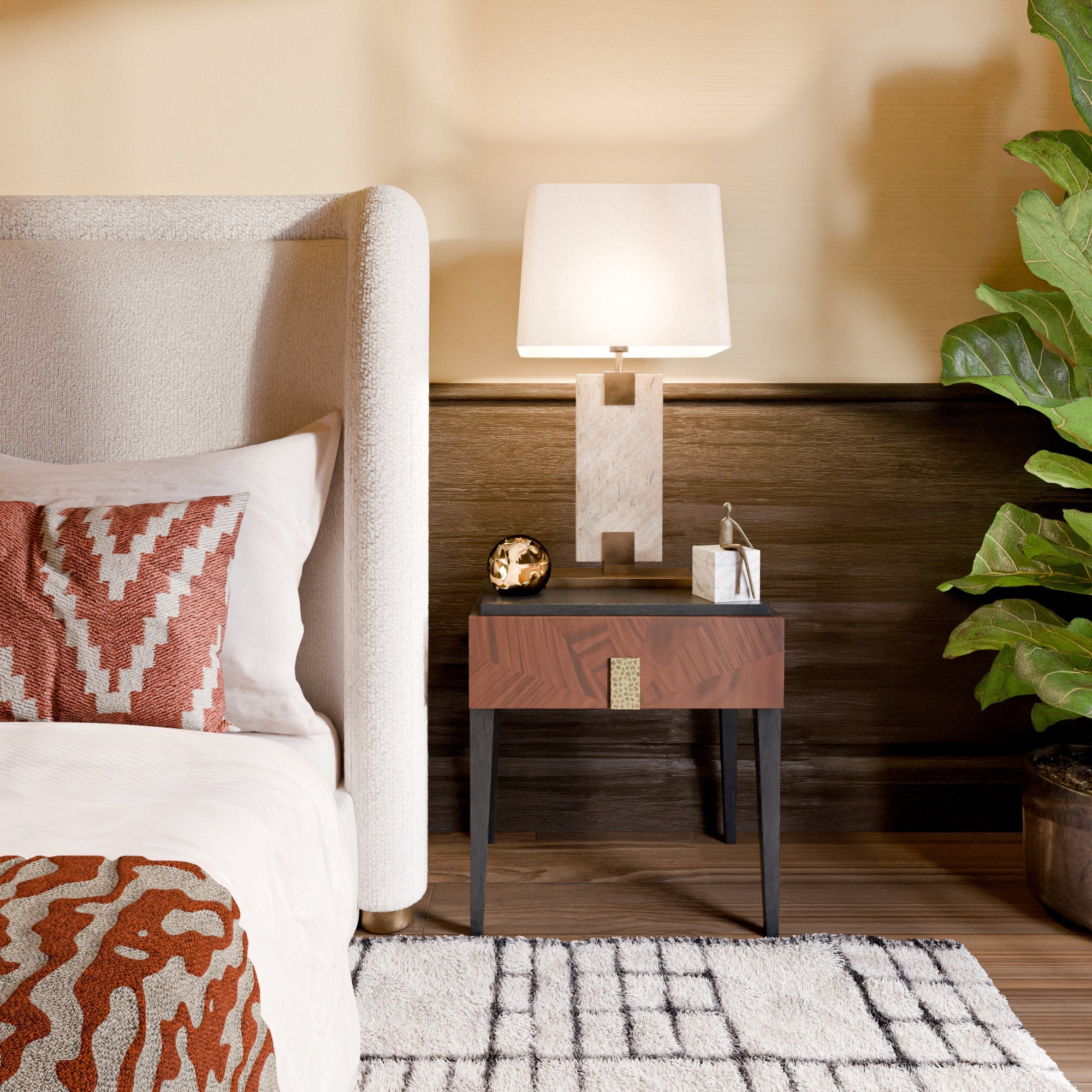 Madison Table Lamp Travertine & Antique Bronze Base & White Linen Shade by Liang & Eimil