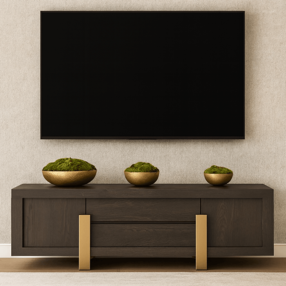 Zhoosh Grey Oak Wood Media TV Unit with Brass Legs by Berkeley Designs