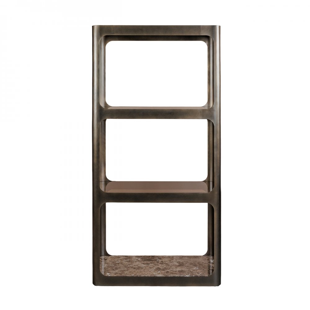 Thorpe II Smoked Bronze Metal and Glass Shelving Unit featuring Marble by Libra Interiors