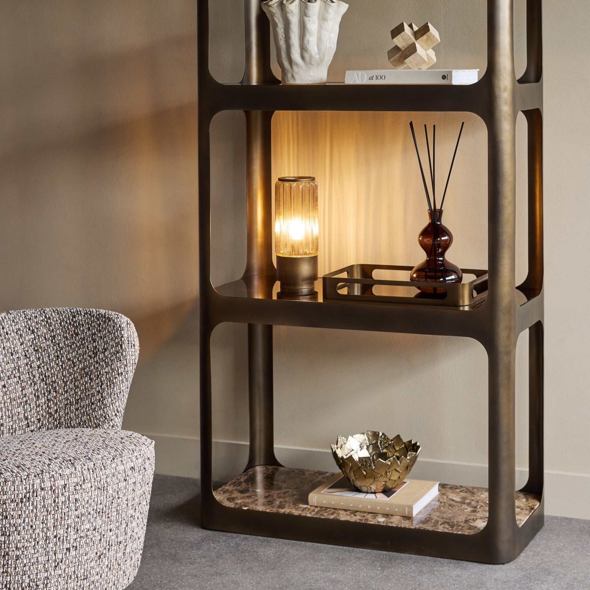 Thorpe II Smoked Bronze Metal and Glass Shelving Unit featuring Marble by Libra Interiors