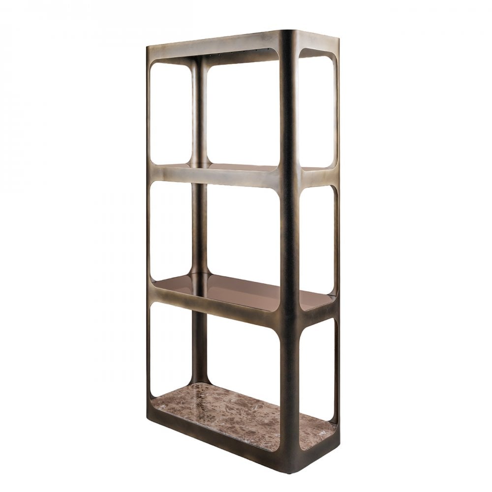 Thorpe II Smoked Bronze Metal and Glass Shelving Unit featuring Marble by Libra Interiors
