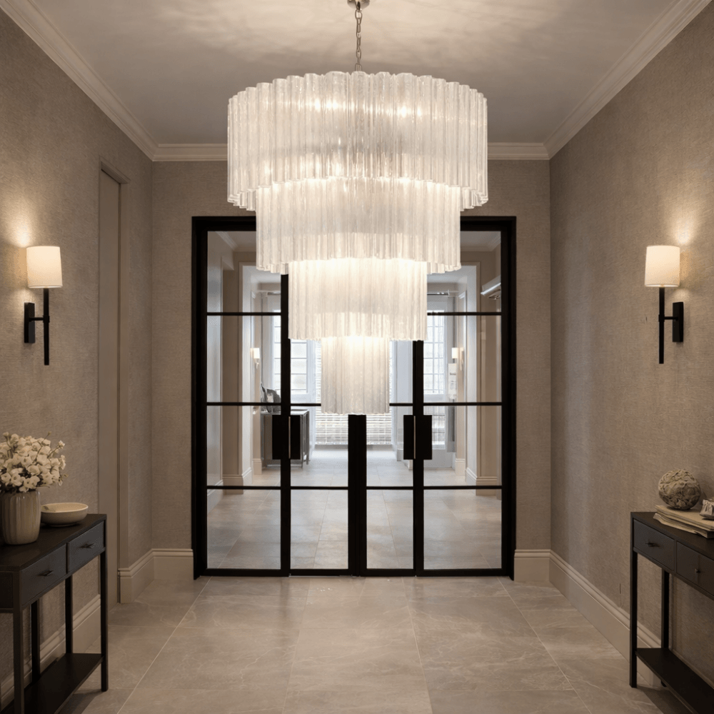 Savoy Polished Chrome 4 Tier Chandelier with Frosted Glass by Luxe Collection