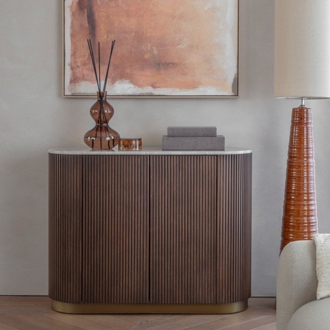 Whitwell Brown Walnut Sideboard with Grey Marble Top by Libra Interiors