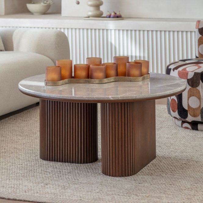 Whitwell Brown Walnut Coffee Table with Grey Marble Top by Libra Interiors