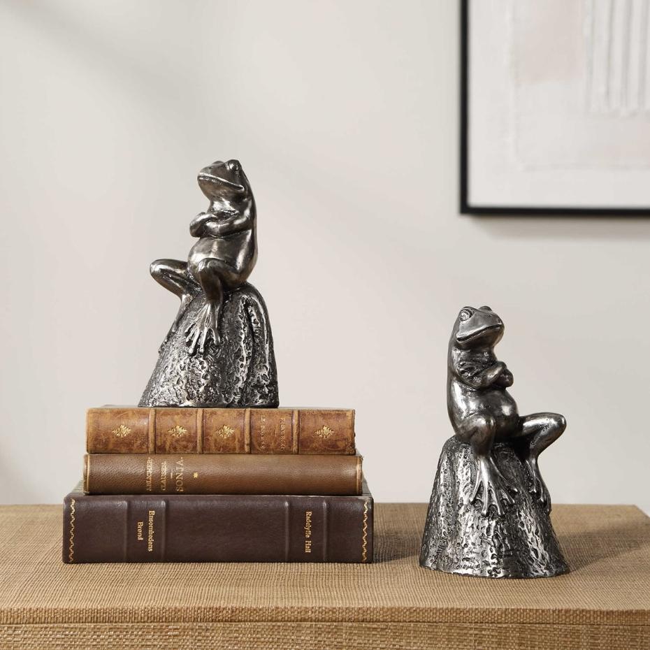 Daydreaming Frogs Aged Silver Bookends - Set of 2 by Uttermost