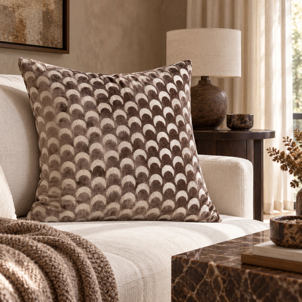 Soli Cut Velvet Crescent Cushion - Chocolate Malini