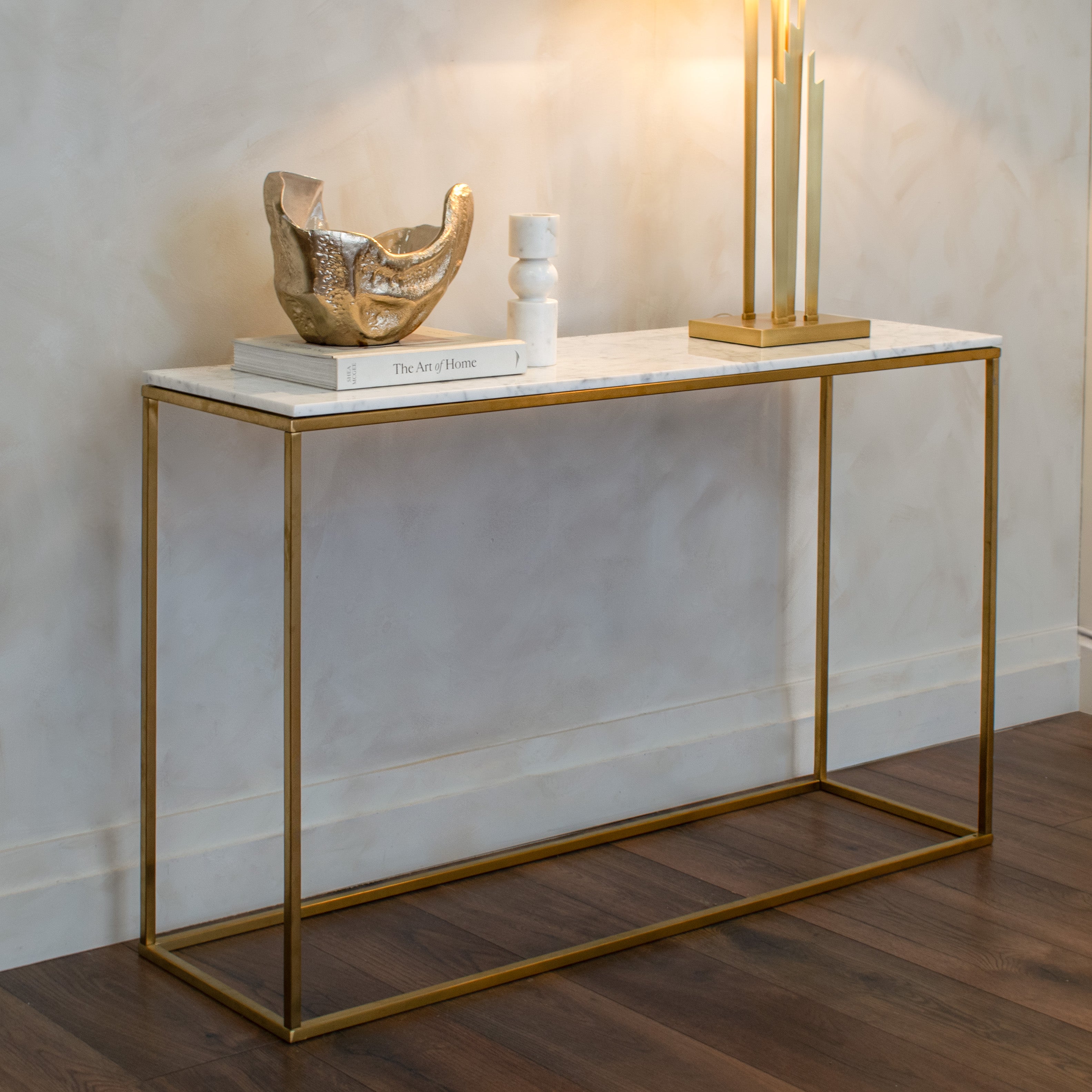 Faceby Brushed Gold & White Marble Console Table by RV Astley