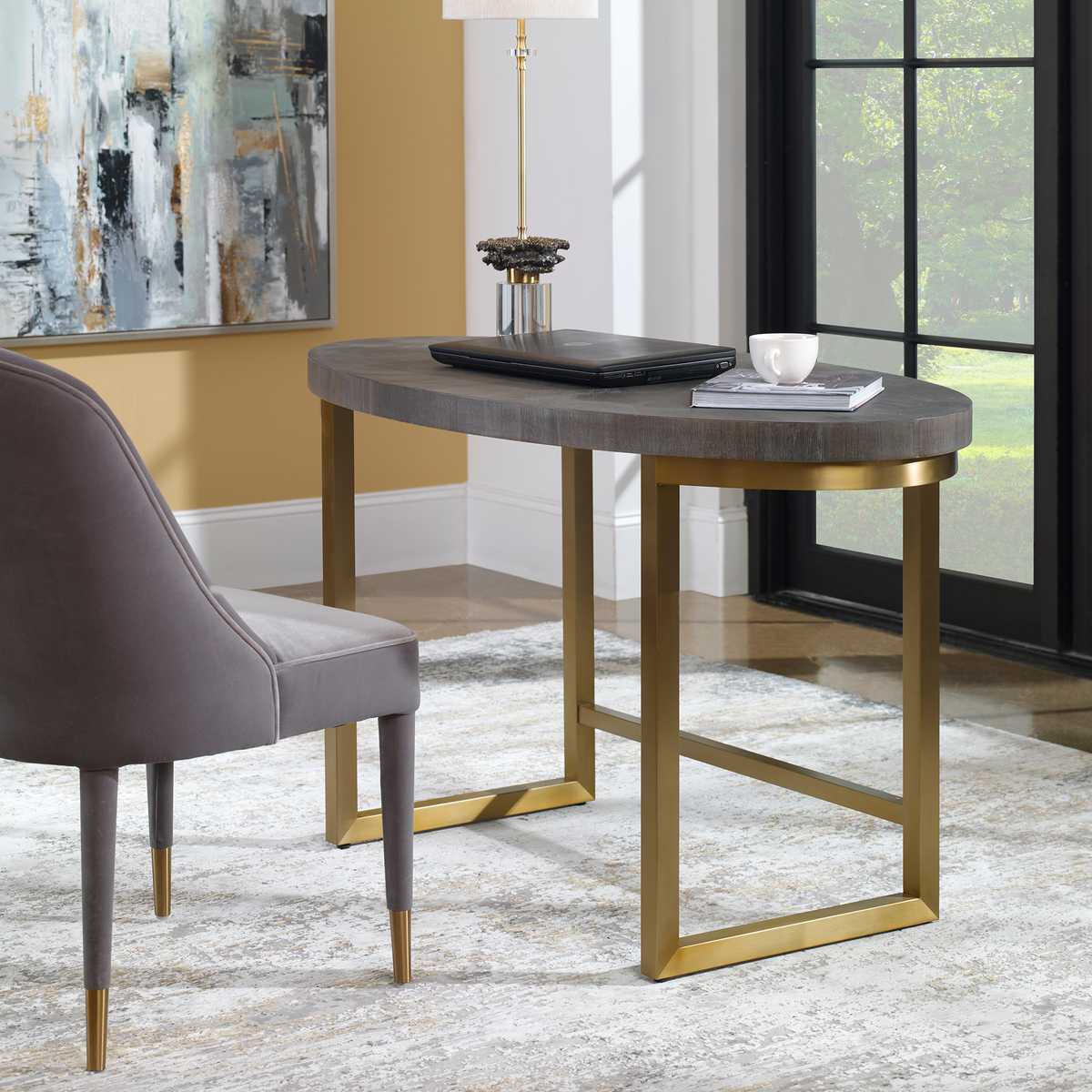 Taja Oval Writing Desk in Dark Walnut and Brushed Brass by Uttermost
