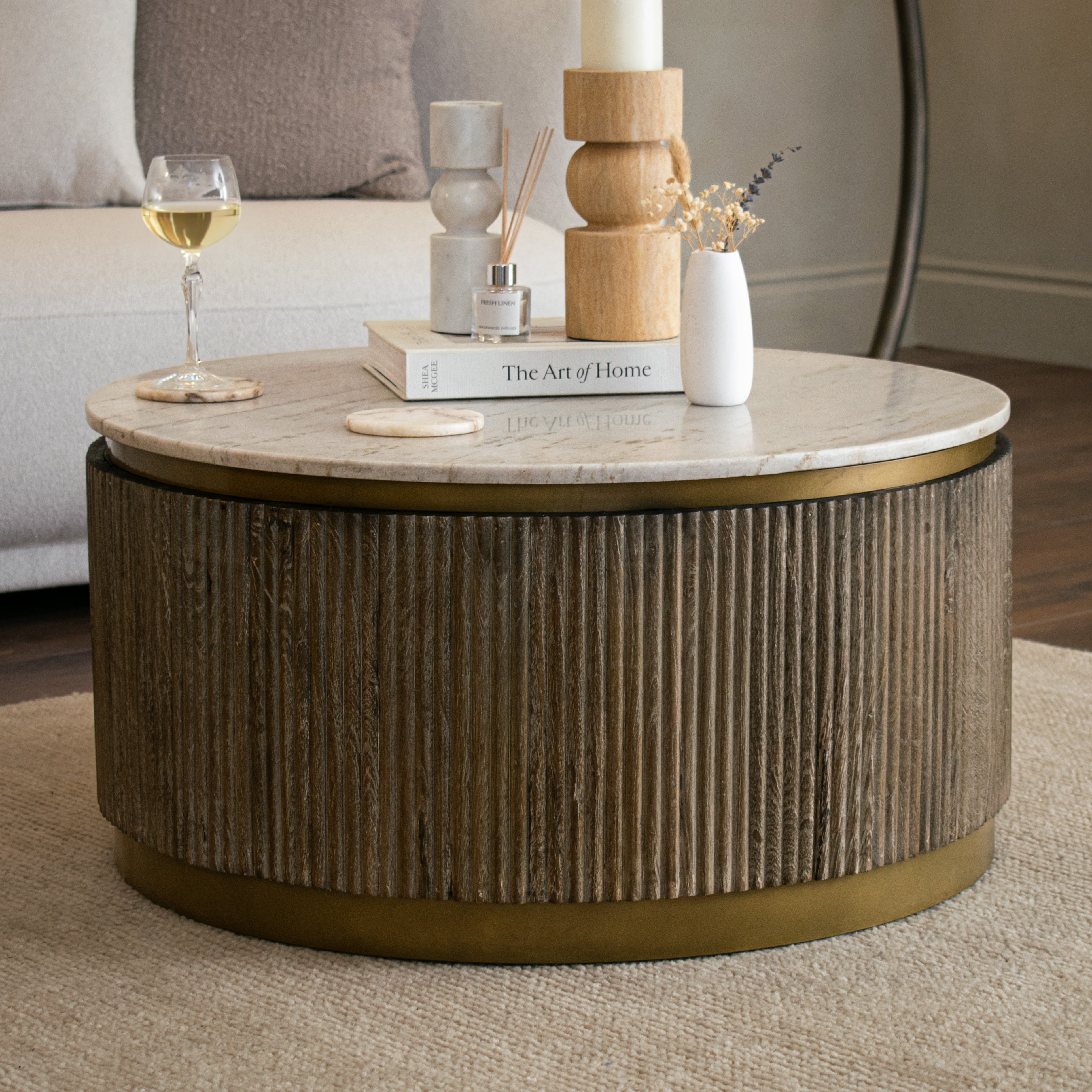 Maigue Brown Wood Coffee Table with White Marble Top by RV Astley