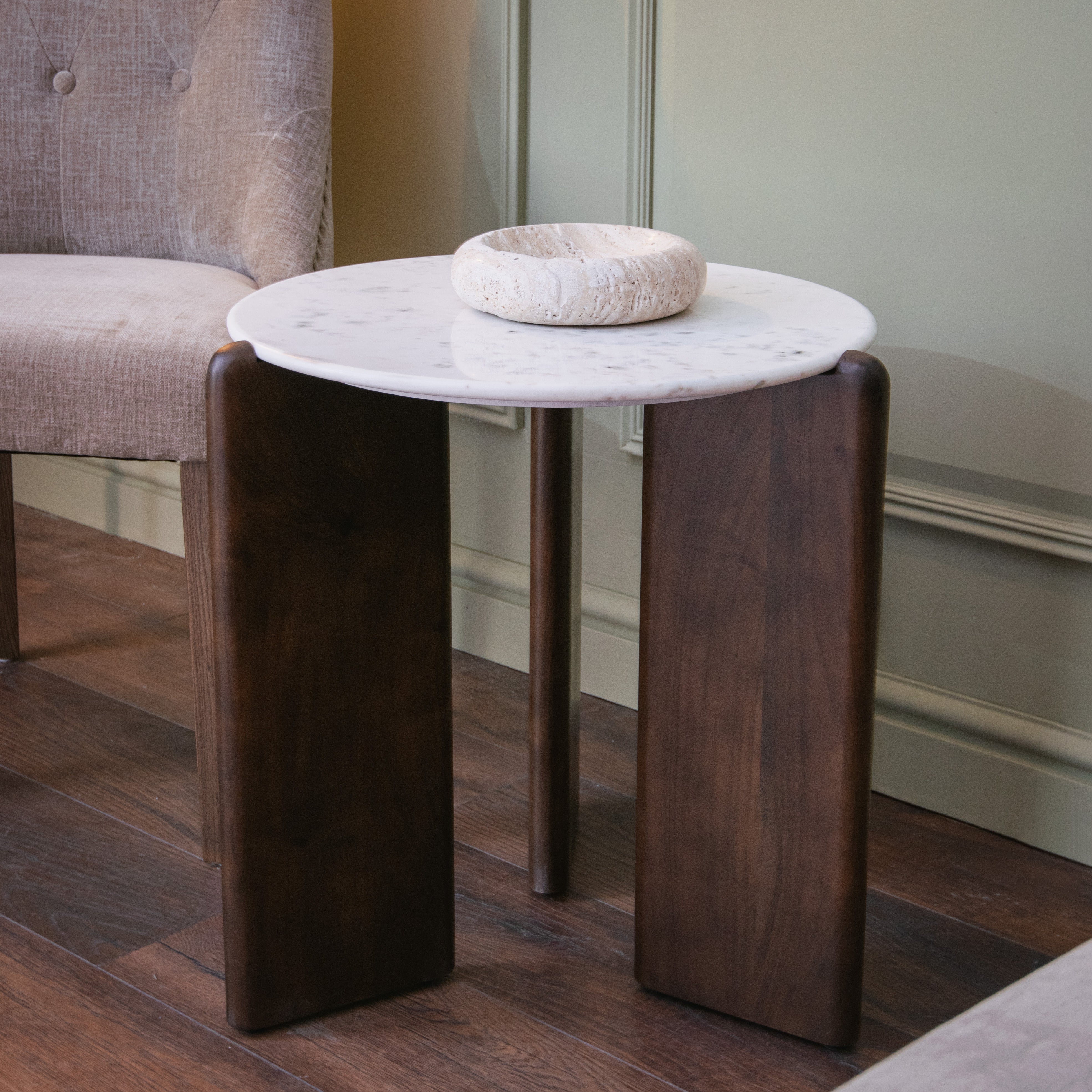 Brosna Brown Wood & White Marble Top Side Table by RV Astley
