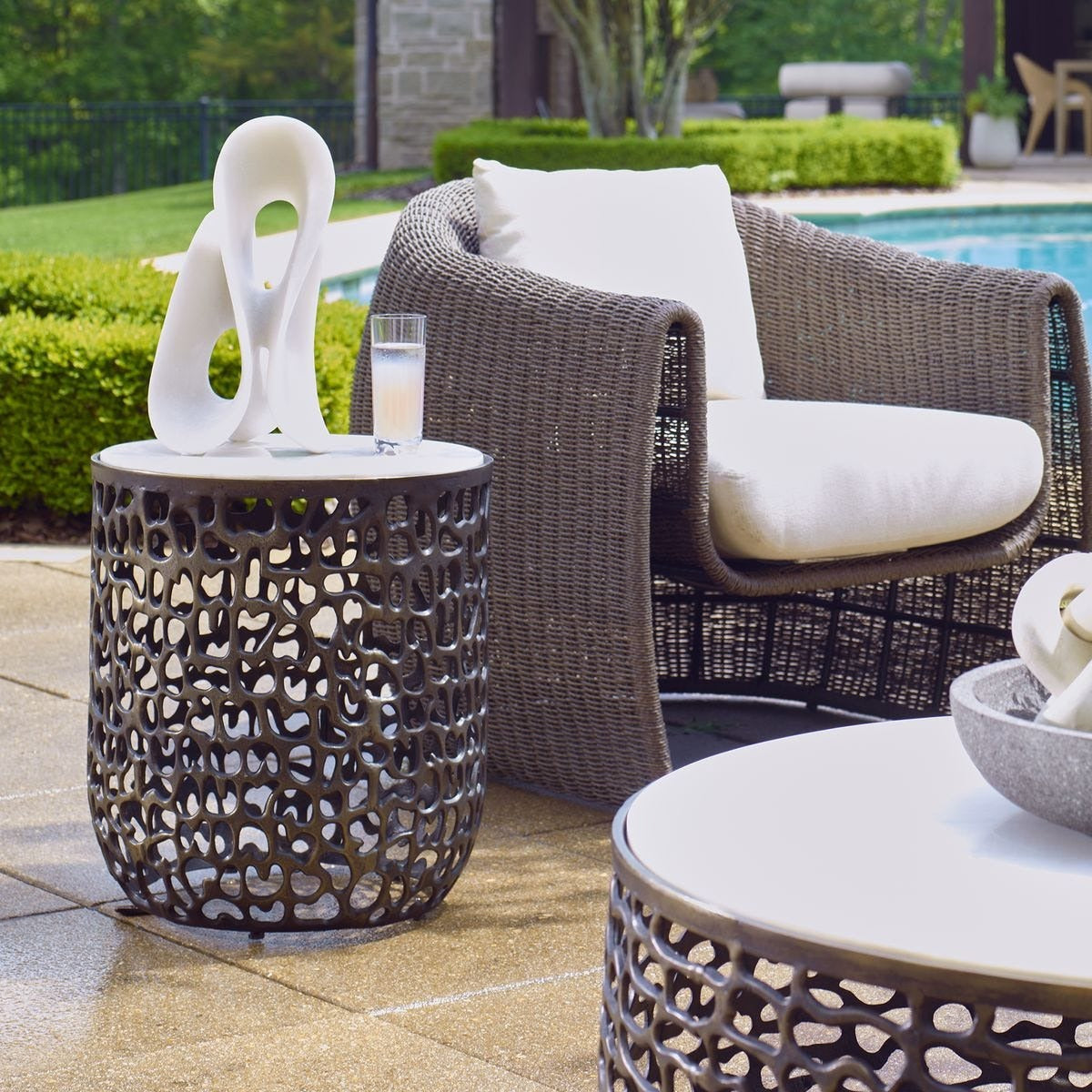 Sabena White Marble Outdoor Side Table by Uttermost