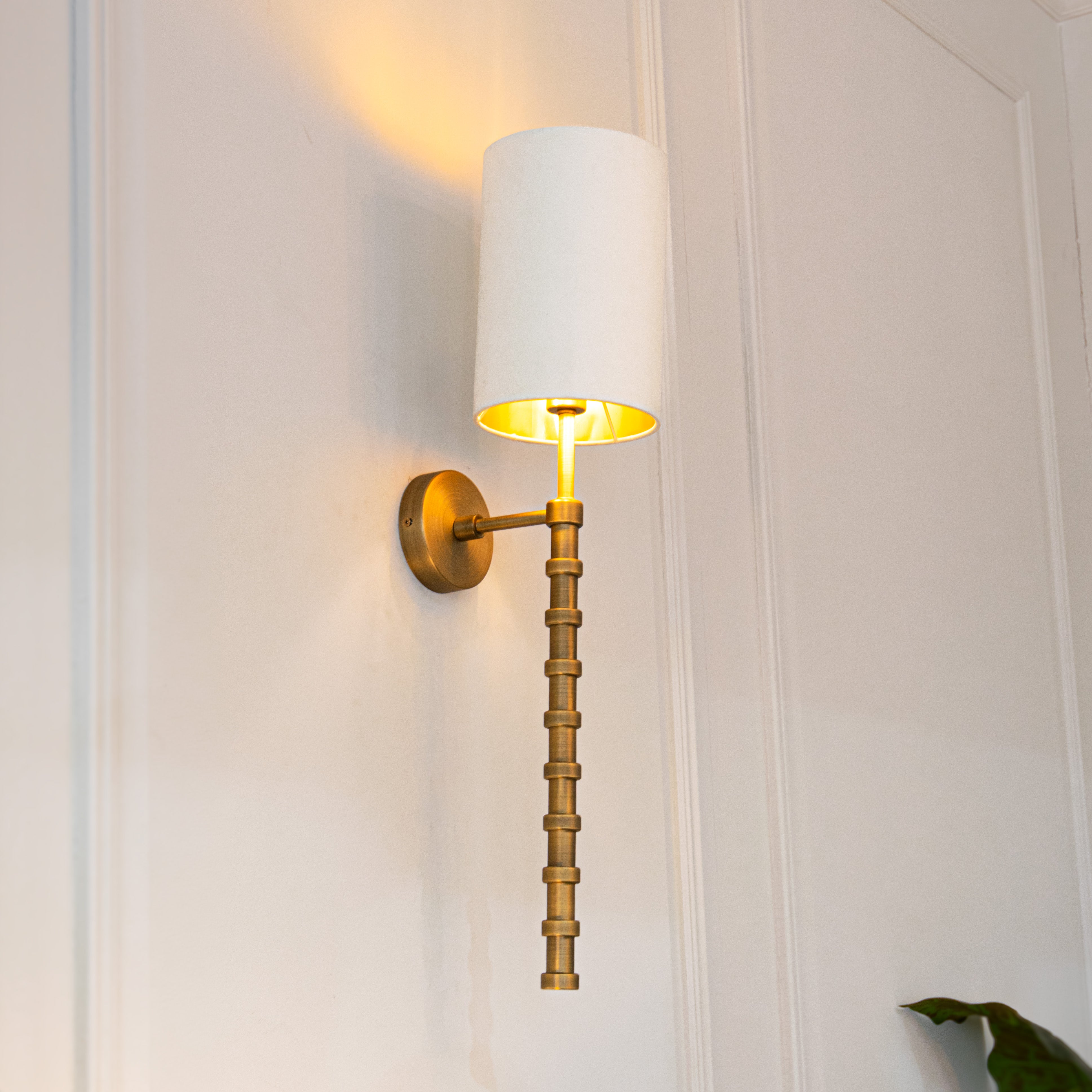 Brenta Antique Brass Wall Light with Opal Fabric Shade by RV Astley