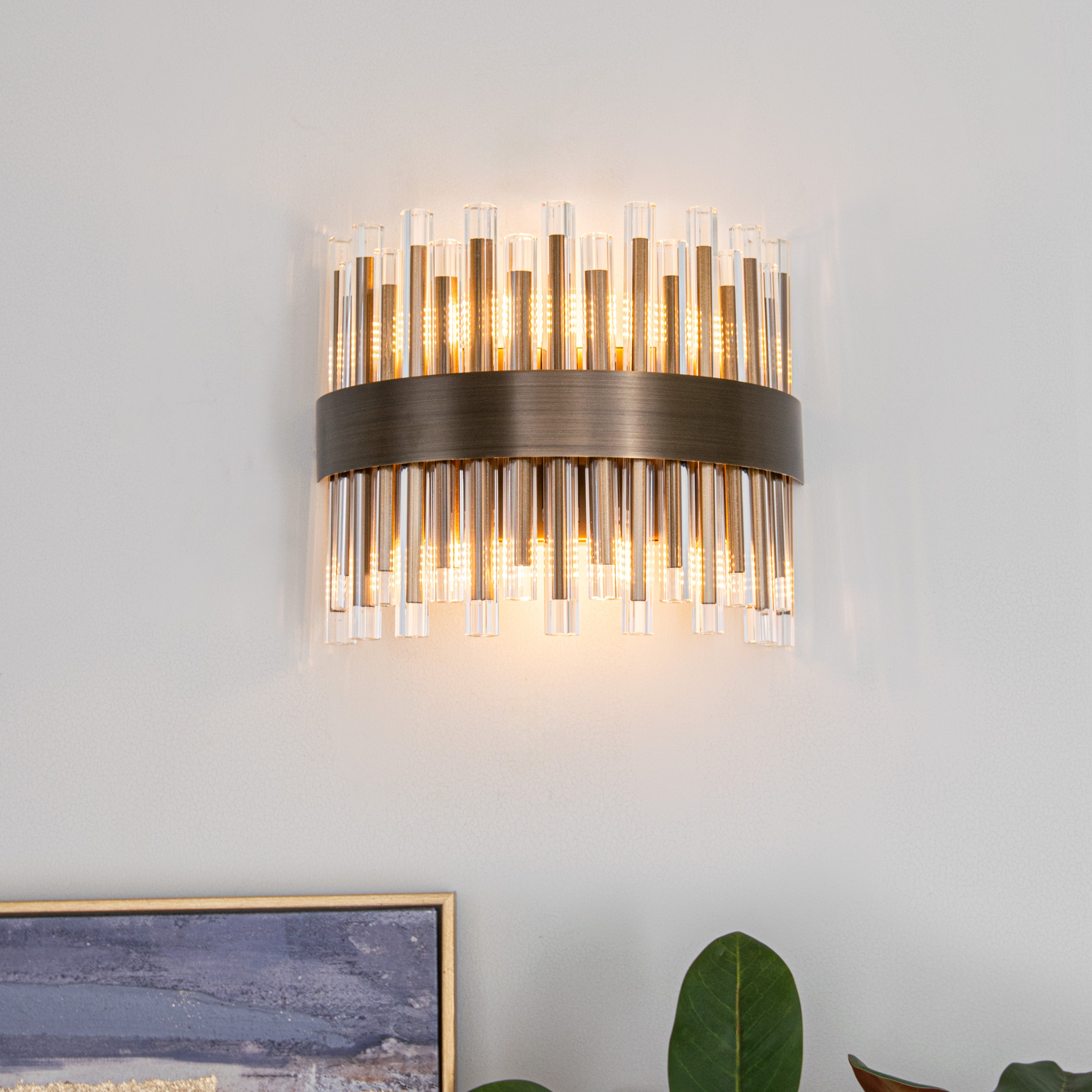 Colmar Antique Brass Wall Light with Curved Glass Tubes by RV Astley
