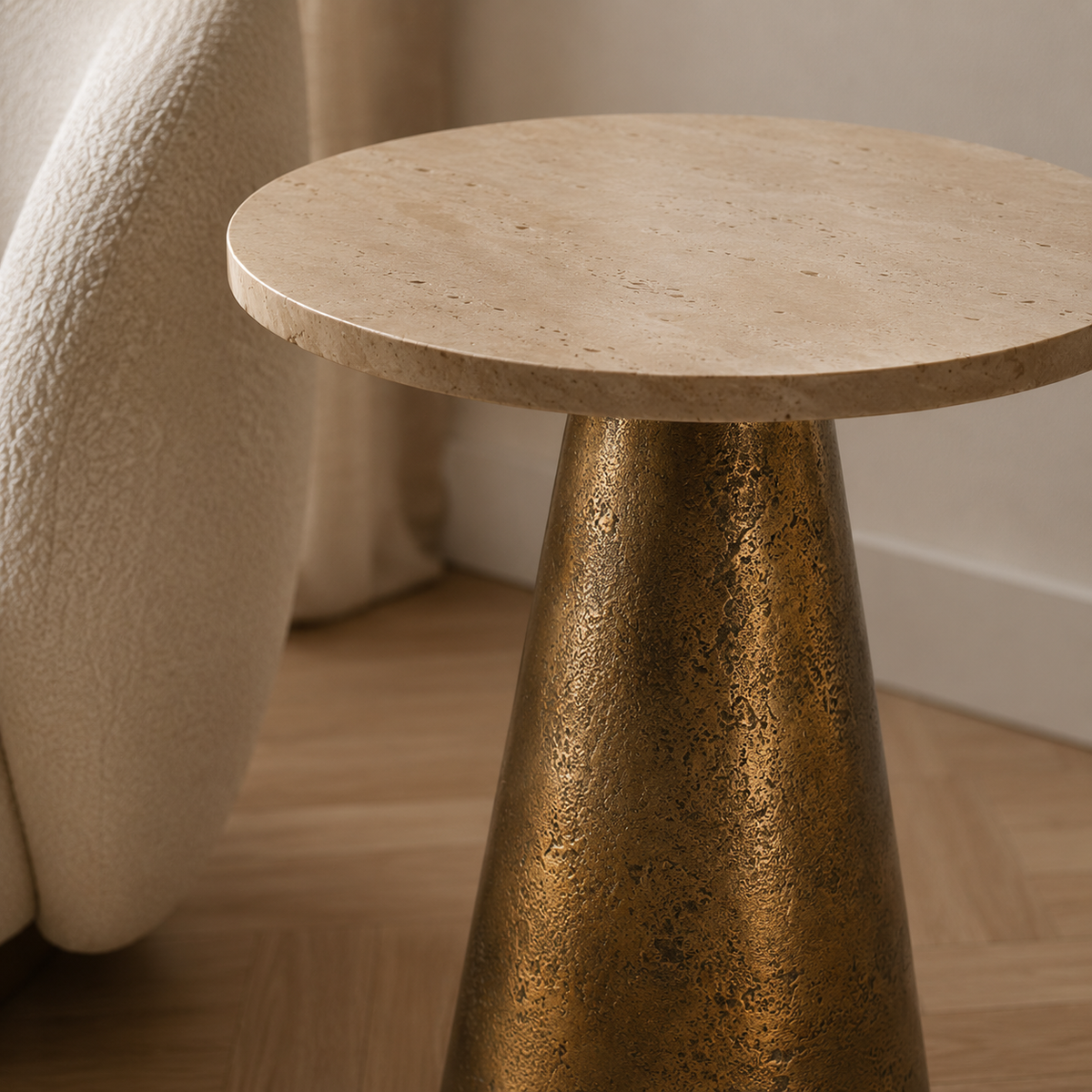 Ynez Travertine Sand & Antique Bronze Small Side Table - 43cm Light & Living