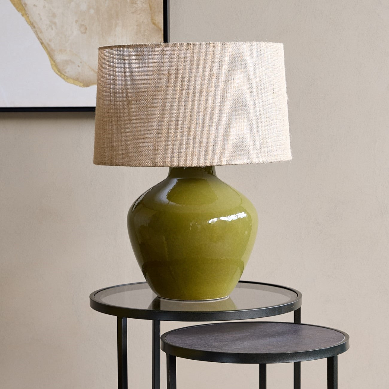 Aubrey Green Ceramic Lamp With Beige Hessian Light Shade by Libra Interiors