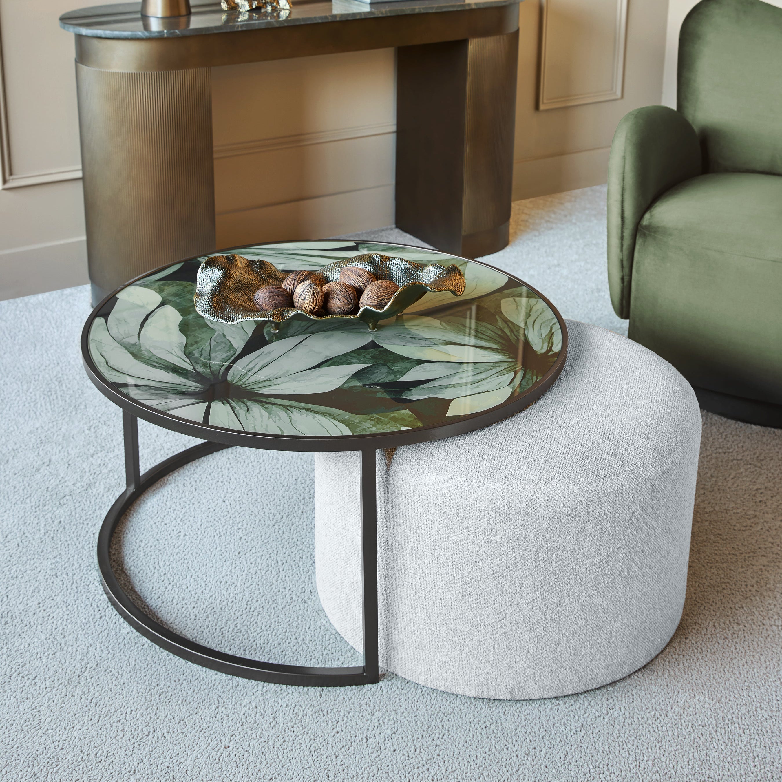 Savanna Leaf Coffee Table & Nesting Pouffe by Libra Interiors