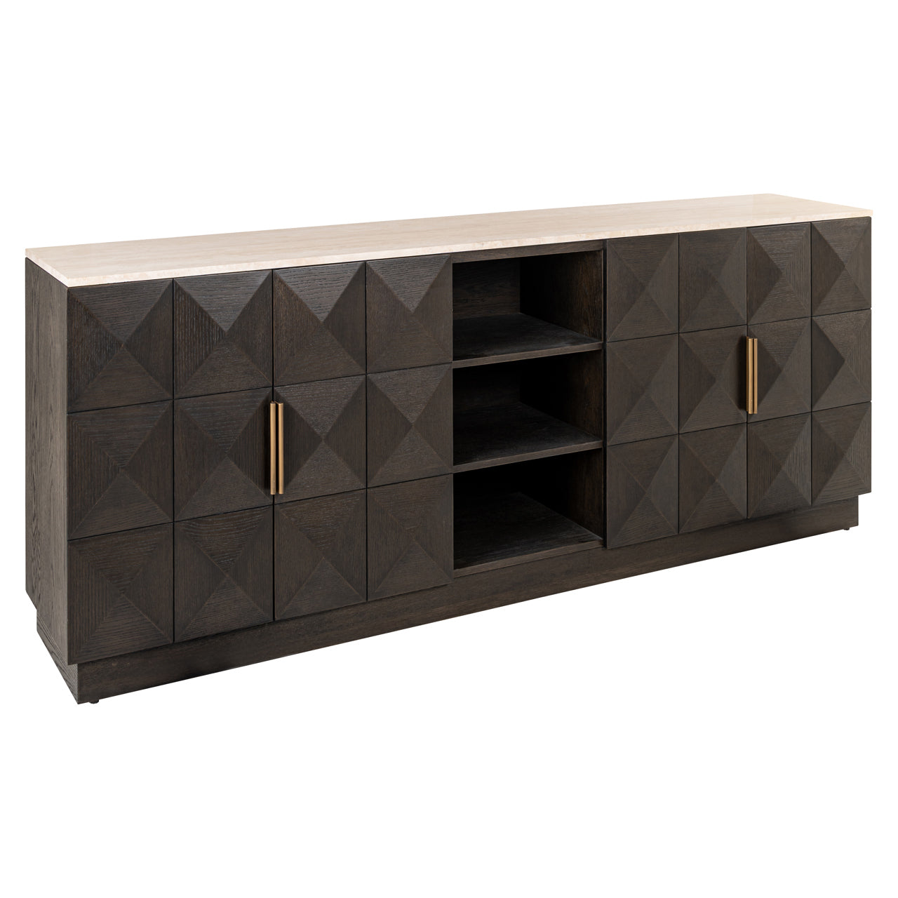 Claremont 4-doors 2-Shelves Brown Oak Veneer & Travertine Top Sideboard by Richmond Interiors