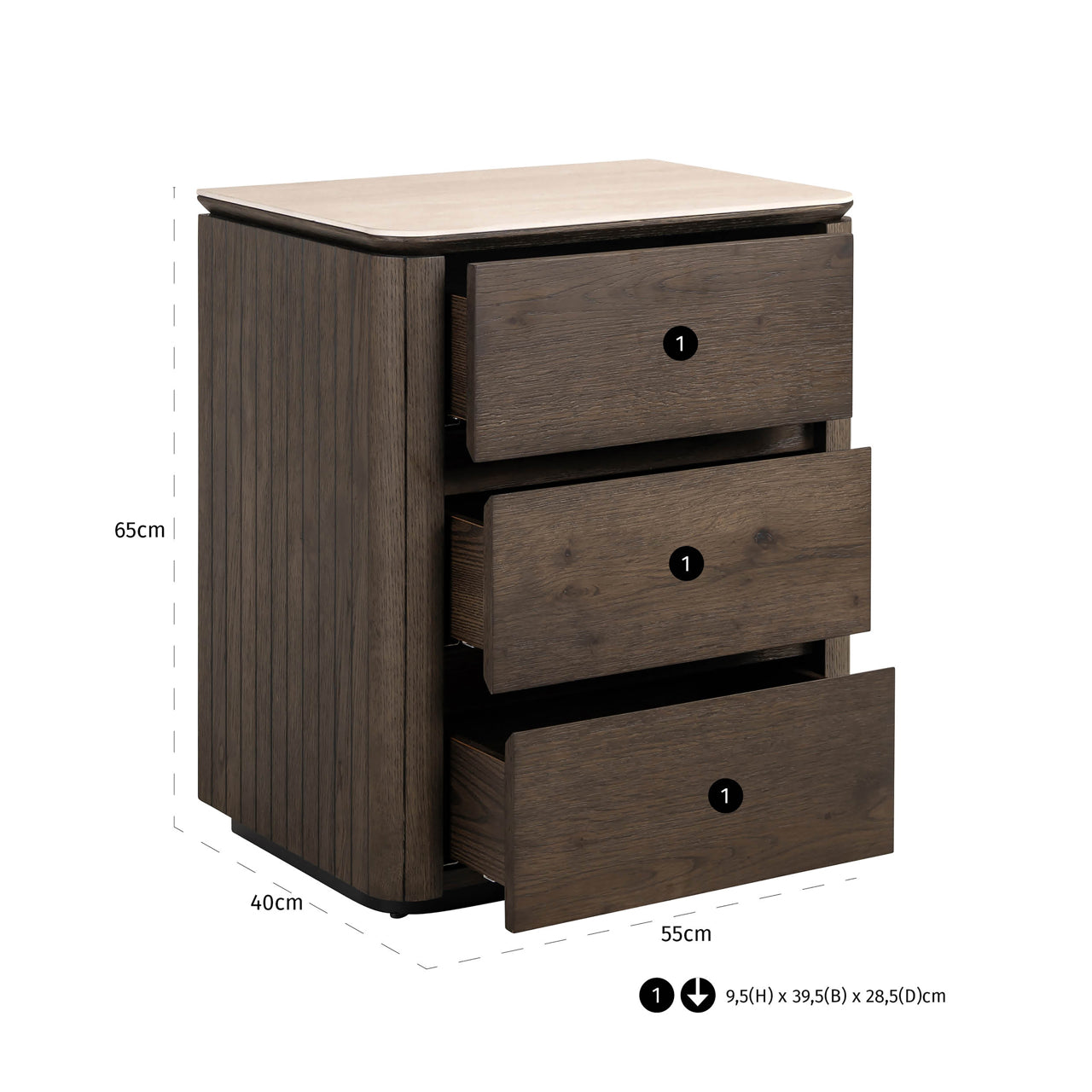 Ritz Brown Oak Veneer & Ceramic Top 3 Drawer Bedside Table by Richmond Interiors