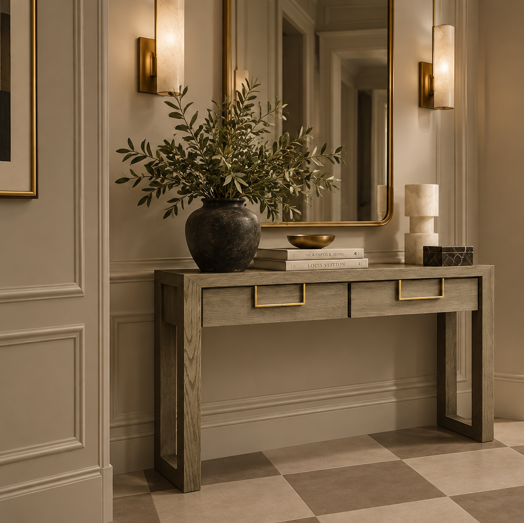 Lucca Grey Oak Wood & Gold Console Table Berkeley Designs