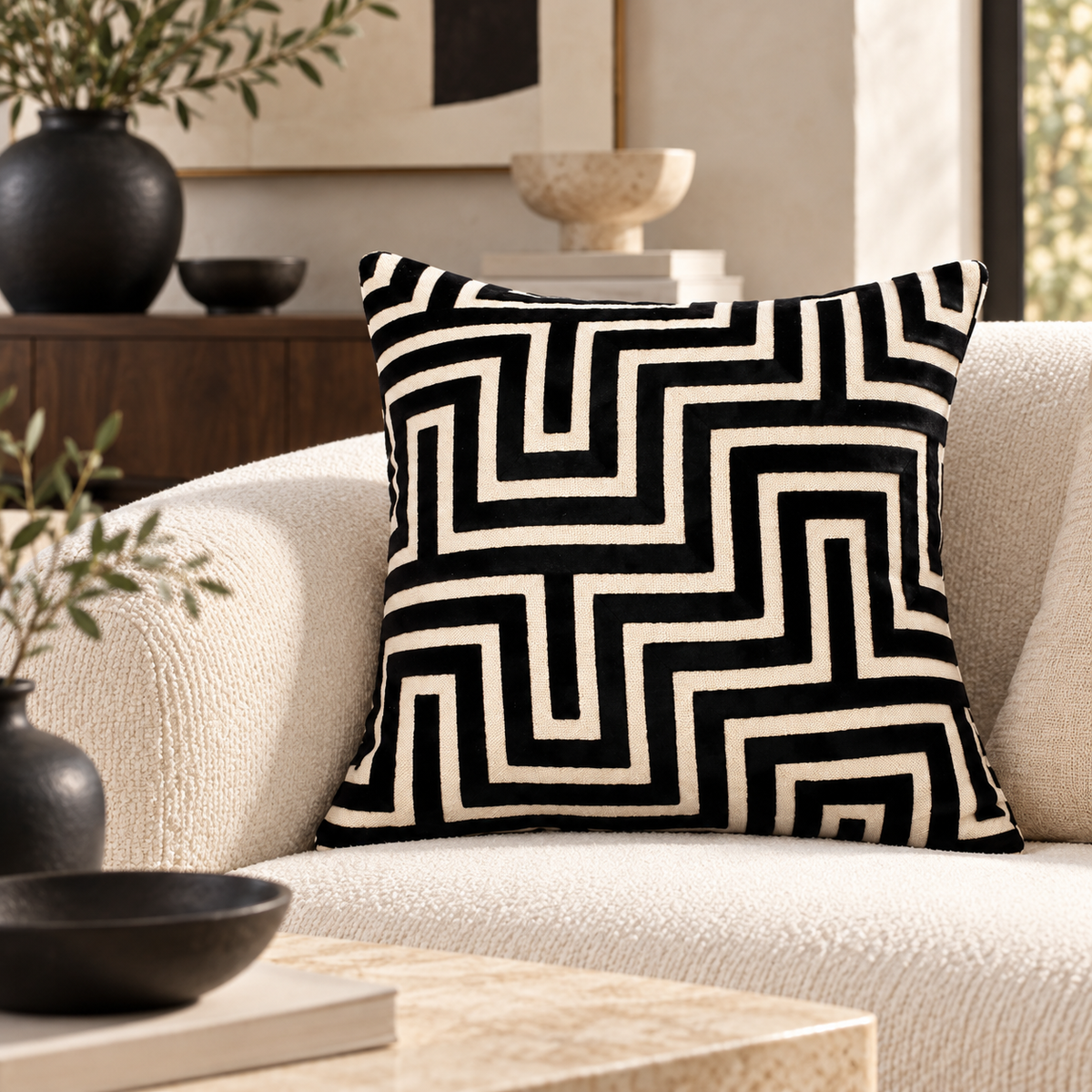 Amazing Black Maze Cut Velvet Cushion Paul Moneypenny