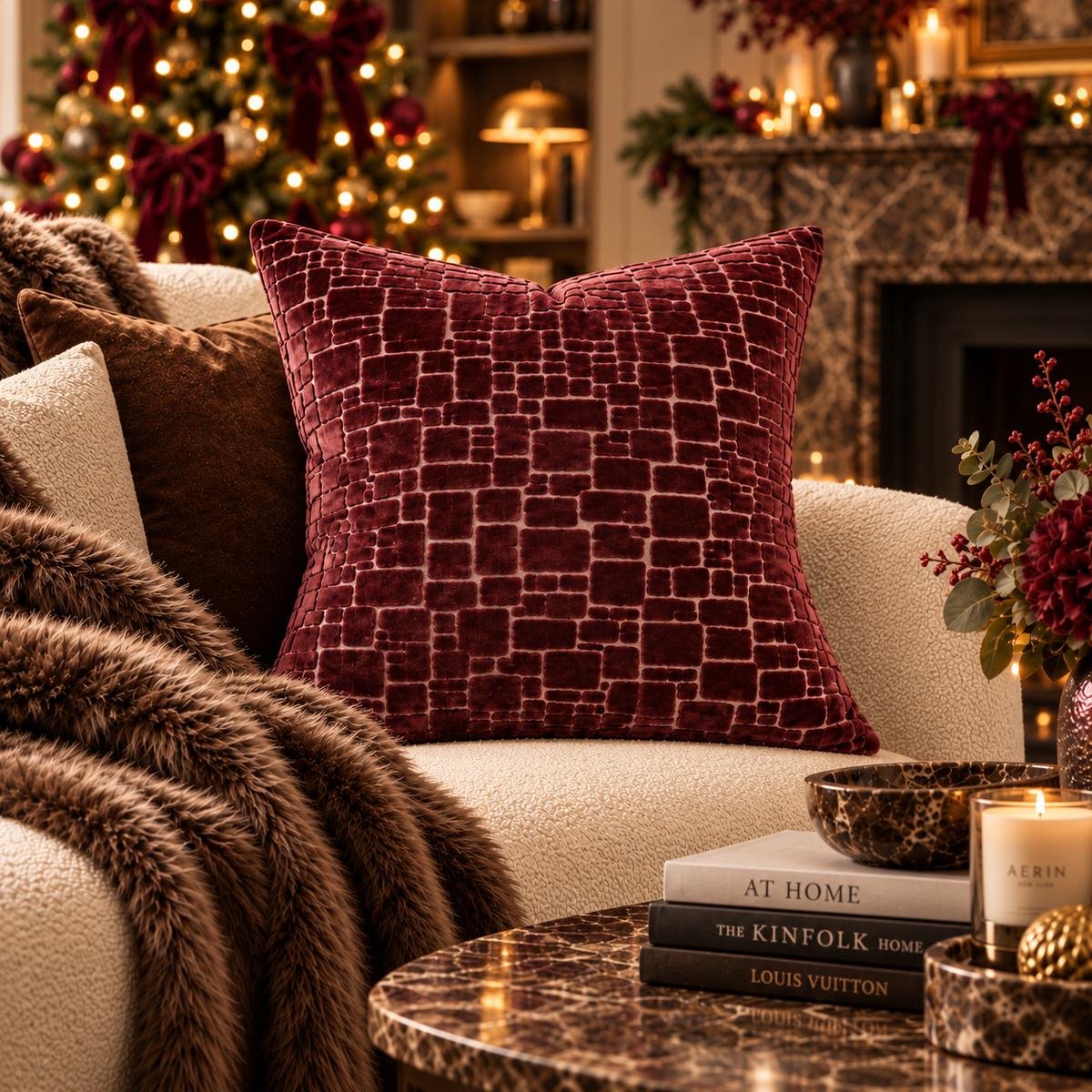 Bergen Cut Velvet Abstract Squares Cushion - Wine Malini