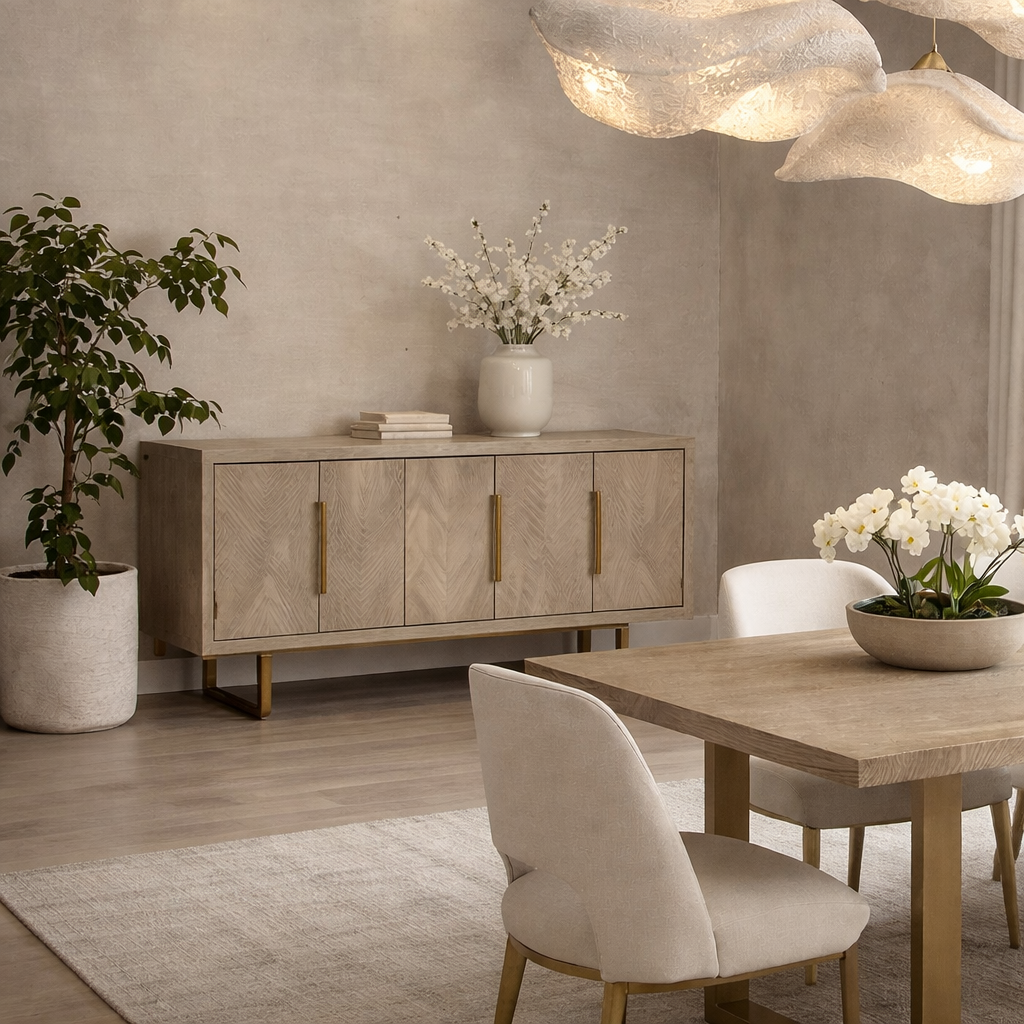 Valencia Sideboard in Textured Grey Oak Wood with Gold Handles & Legs 4 Doors by Berkeley Designs