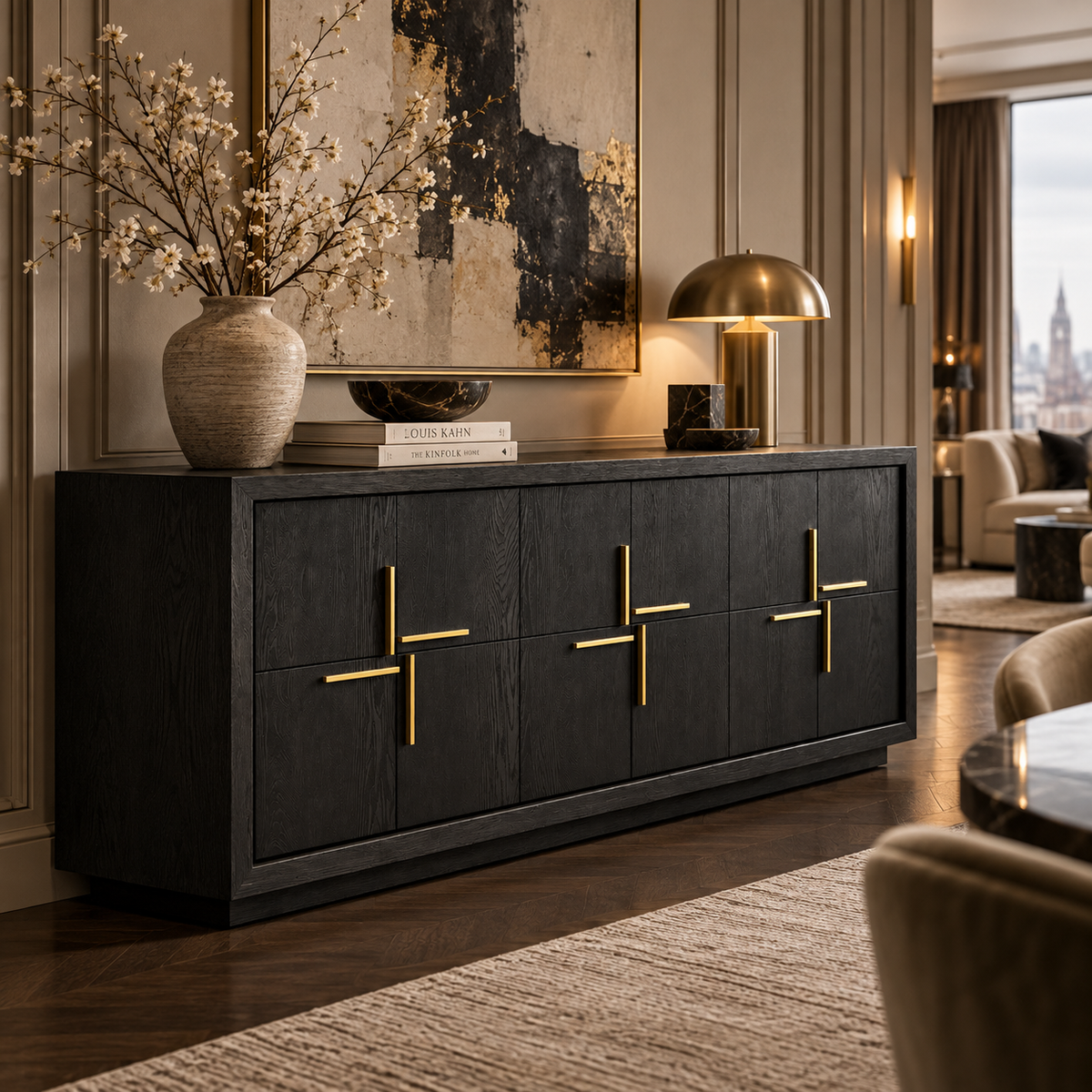 Bristol Dark Brown Oak Wood Sideboard With Gold Handles by Berkeley Designs
