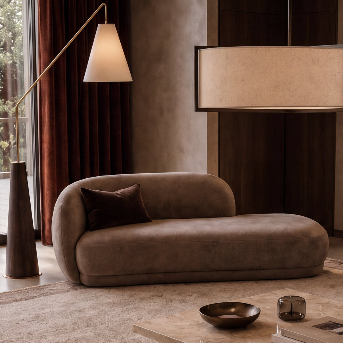 Curva Taupe Velvet Chaise Sofa (Crib 5) Liang & Eimil