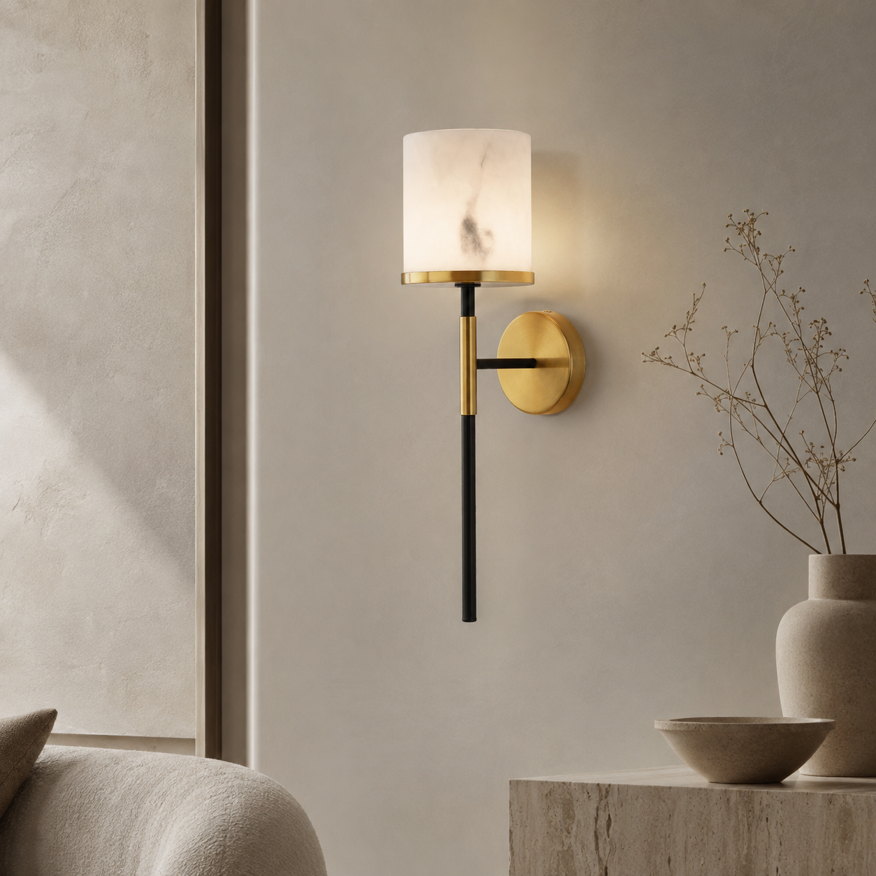 Callum Alabaster & Brass & Black Iron Wall Light Liang & Eimil