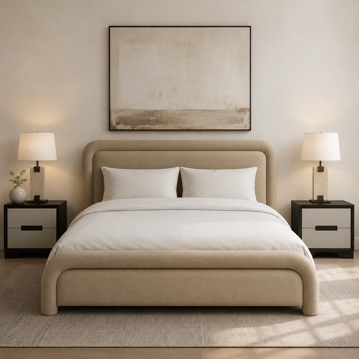 Capela King Size Bed Frame Sand Bareta Fabric Upholstery by Liang & Eimil