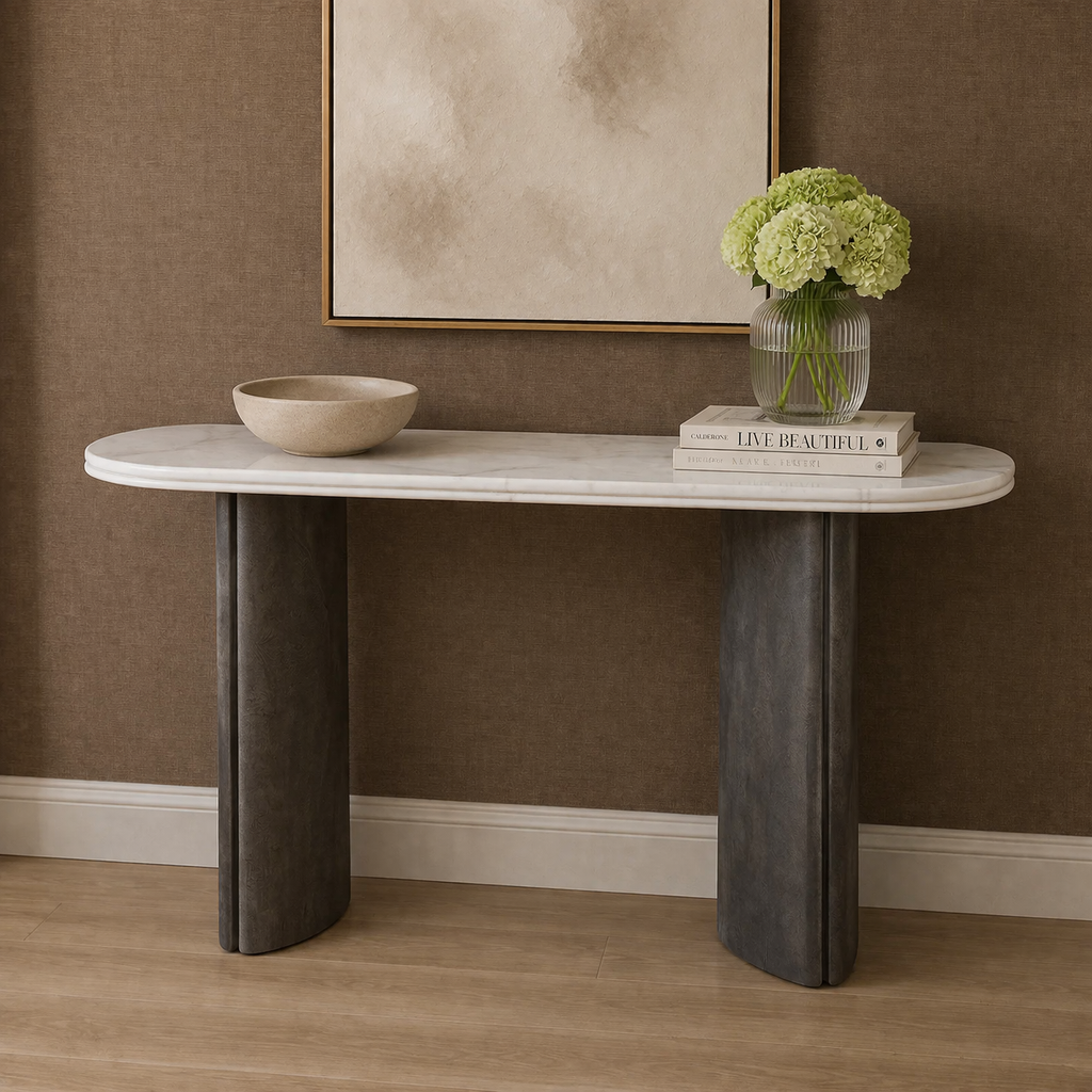 Celeste Grey Console Table with White Marble Top by RV Astley