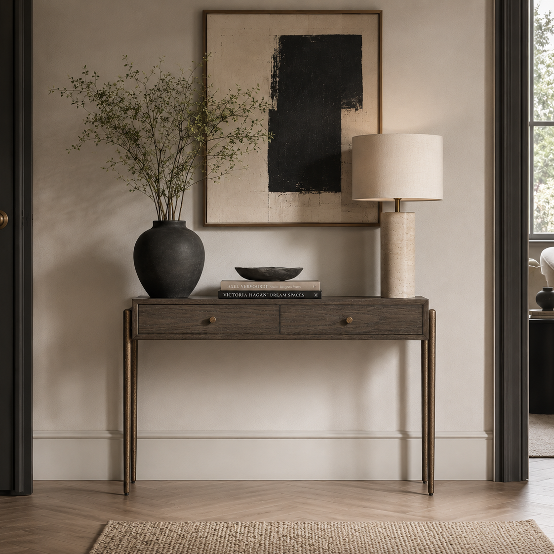 Nella Dark Brushed Brown Oak Wood Console Table Liang & Eimil