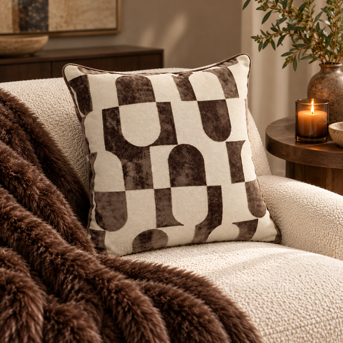 Chill Pill Chocolate Geometric Velvet Cushion Paul Moneypenny