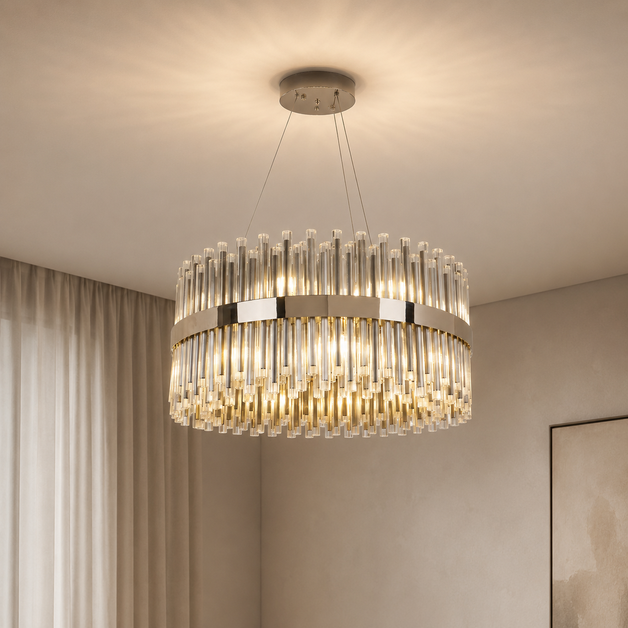 Colmar Polished Nickel & Glass Tube Pendant Ceiling Light - 80cm by RV Astley